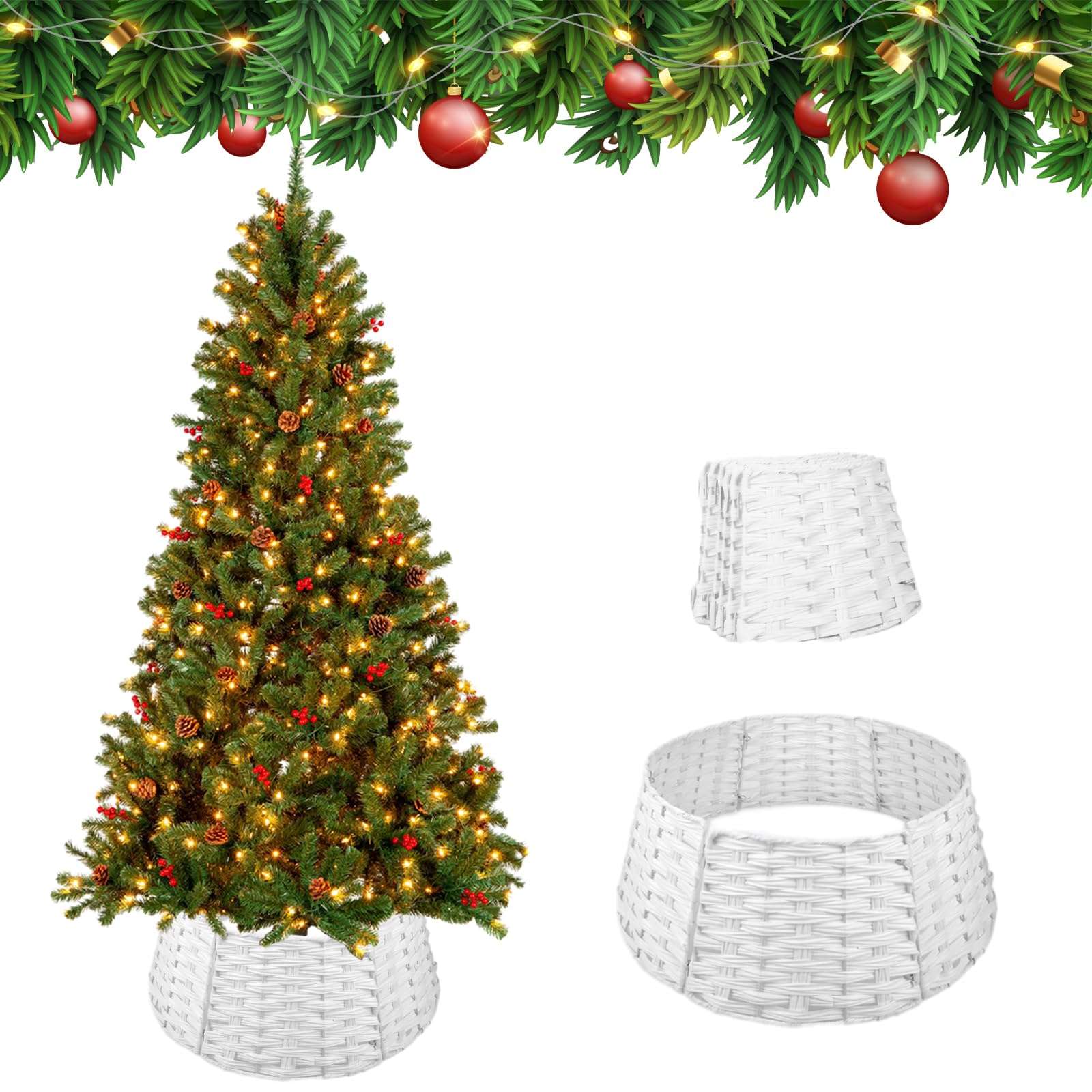 Christmas Tree Collar, Christmas Tree Base Cover, Plastic Wicker Christmas Tree Ring Basket for Artificial Christmas Trees Decoration, 26Inch Diameter White