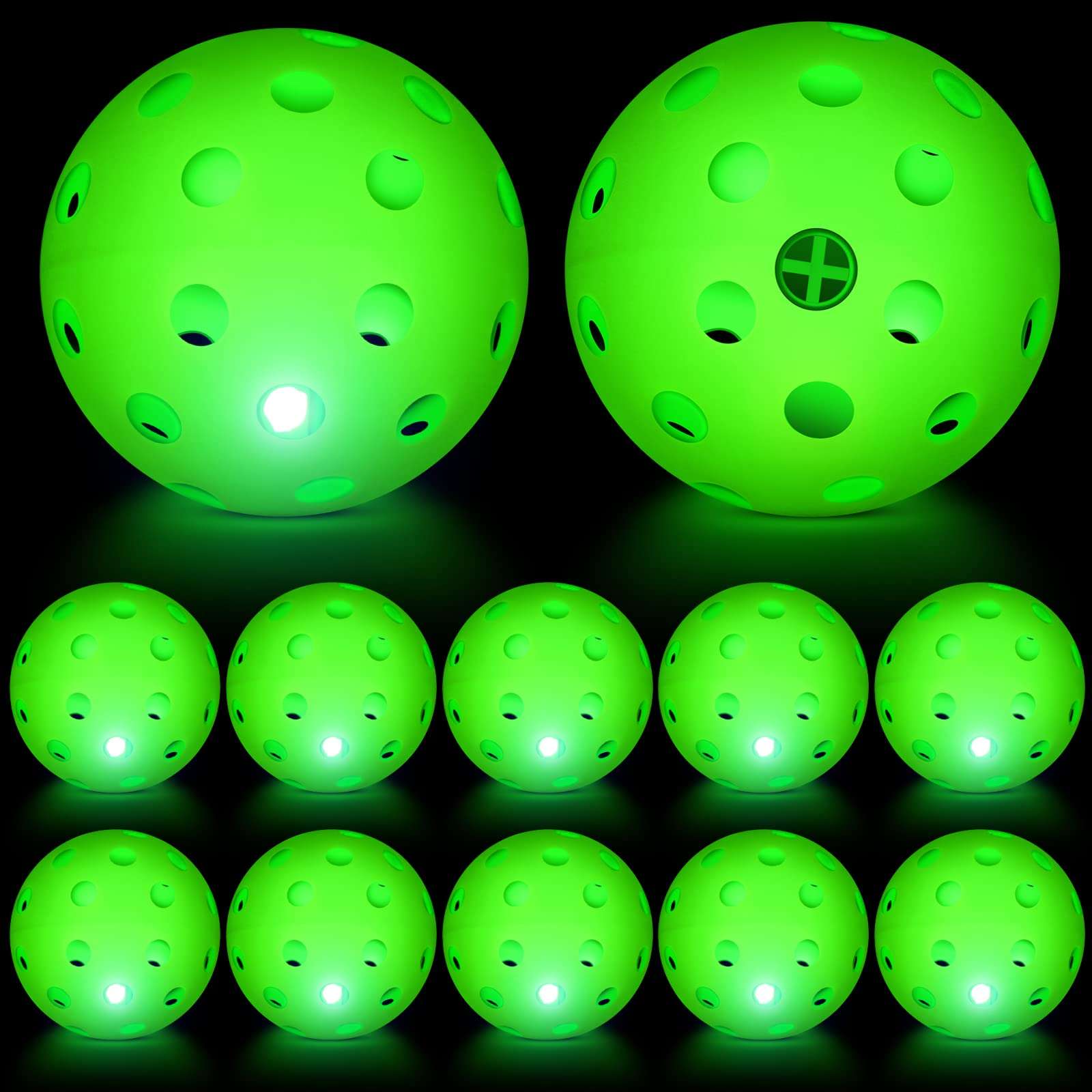 Chitidr 12 Pieces LED Light Up Plastic Practice Baseballs Plastic Hollow Balls Glow Lightweight Training Balls Green Glow Ball for Training Hitting Baseball Batting, Batteries Included 1
