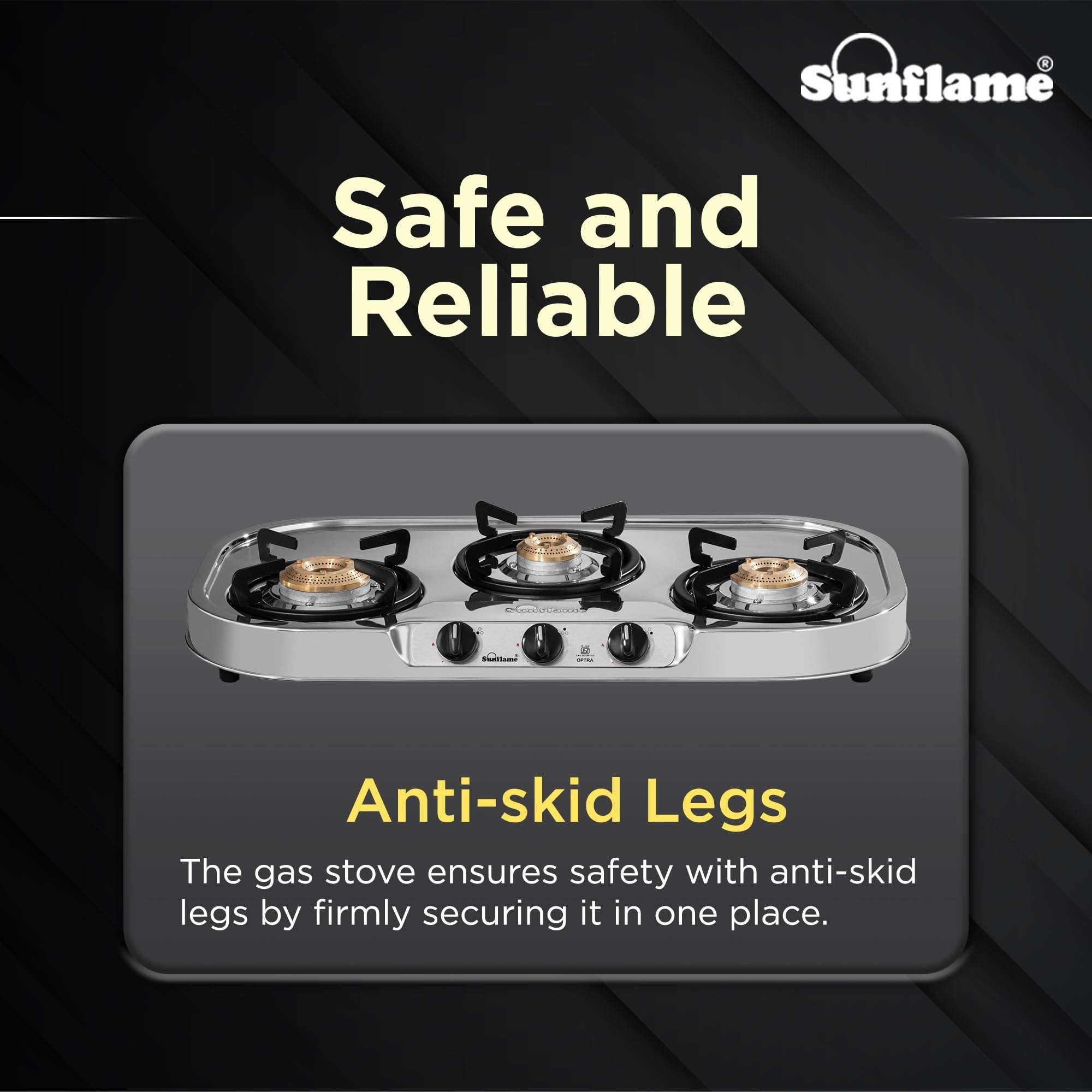 Sunflame Optra 3 Burner Gas Stove | Curved Edges Stainless Steel Body | 1 Jumbo, 1 Medium and 1 Small Brass Burners | 2-Years Product Coverage by Sunflame | Manual Ignition | PAN India Presence 6
