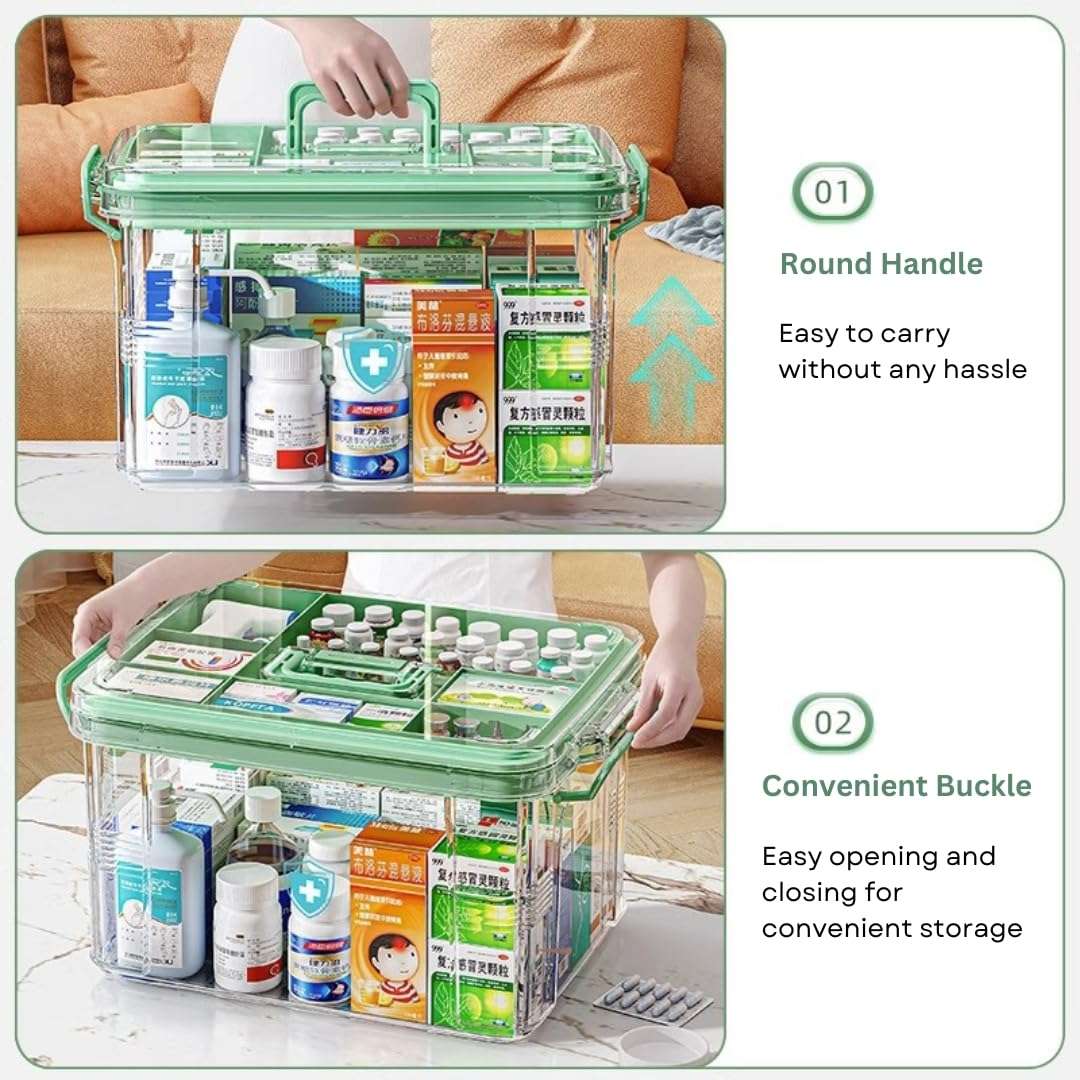 HoopVool® Clear Plastic Medicine Storage Box Organizer, Family Emergency Kit with Removable Pill Case Portable Lockable Container for, Art Craft and Cosmetic Household Organizer (Green, Small) 4