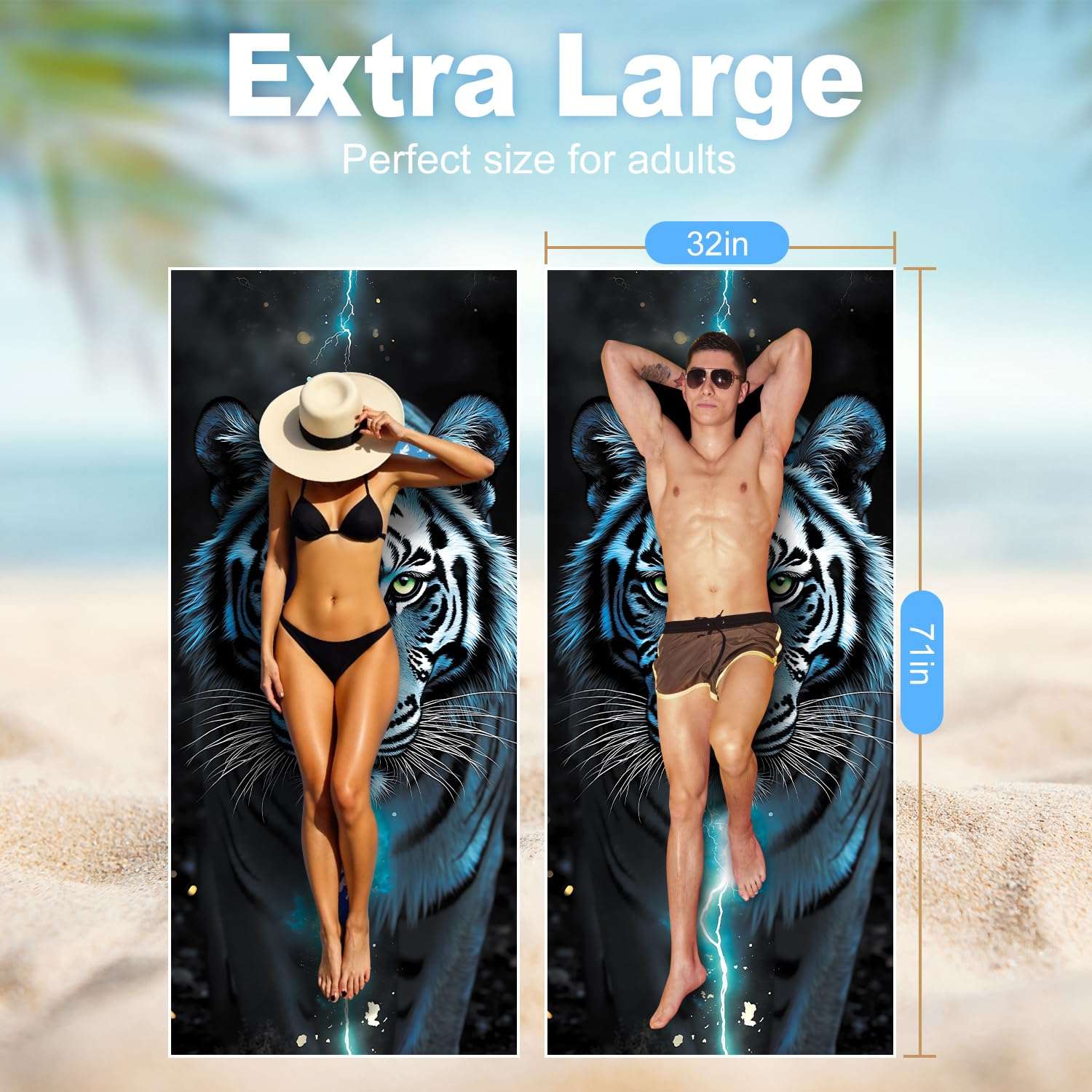 THISFIND Microfiber Tiger Thin Beach Towel Lightweight 71"x32"Oversized Extra Large Quick Dry Sand Free Perfect for Travel,Pool,Yoga,Gym,Sports Essential Beach Accessories & Vacation Gift 3
