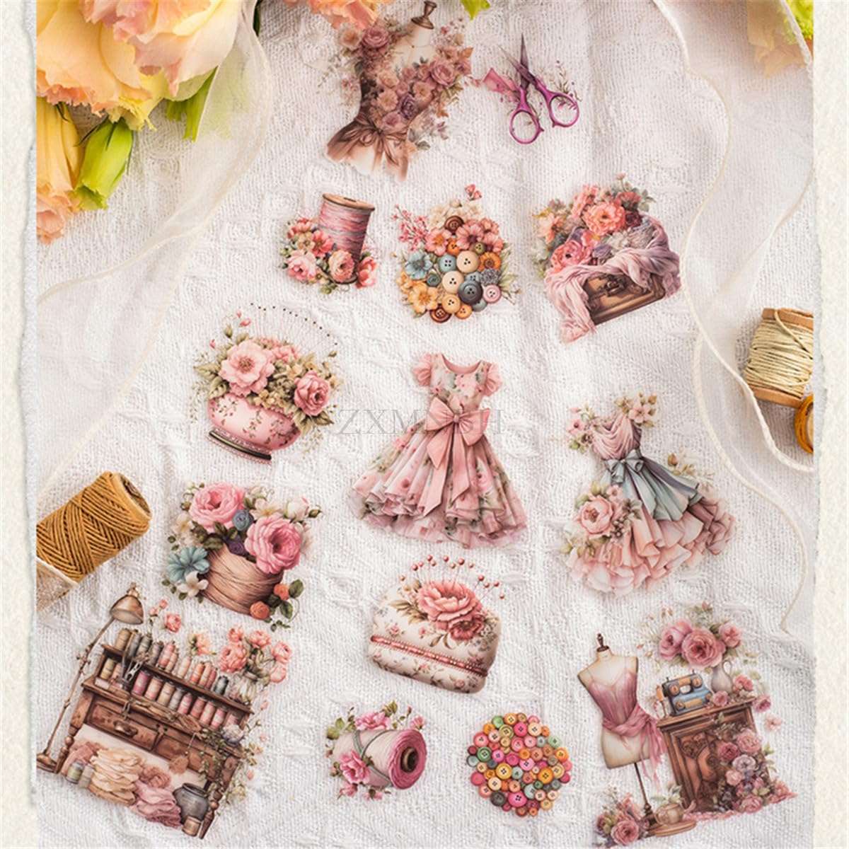 ZXMNBH 15 Pcs/Pack White Embroidery Color PET Stickers for Scrapbooking Kit Waterproof Clear Sticker Junk Journaling Supplies Journals Diary Planner Collage Laptop Paper Crafts 6