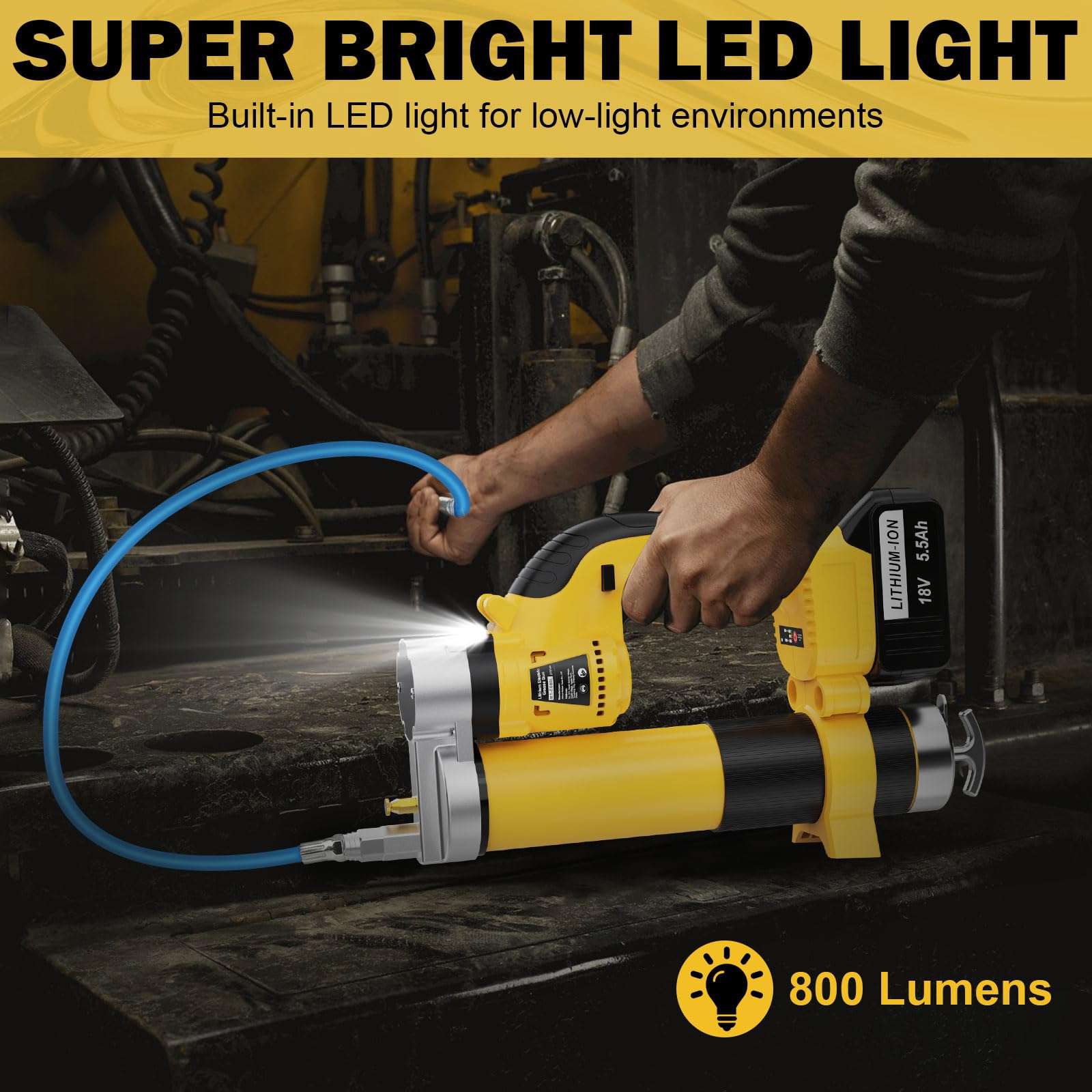 Electric Grease Gun Battery Powered, Automatic Cordless Grease Gun Kit with LED Light, 3-Speed Triggers, 19.7'' Flex Hose, 12000PSI, 2 Batteries & Charger, 5.5 Ah, for Automotive Marine Farm Equipment 3