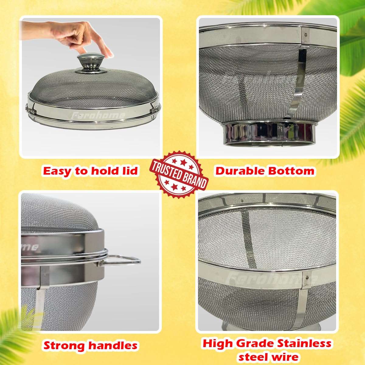 FEROHOME 14 Inch 304 Stainless Steel Fruit Basket with Lid|Includes Free Cleaning Brush and Multi Fiber Cloth|Fruit Storage Organizer for Kitchen & Dining|Fruit Bowls for Fruits,Vegetables,Bread (XXL) 4