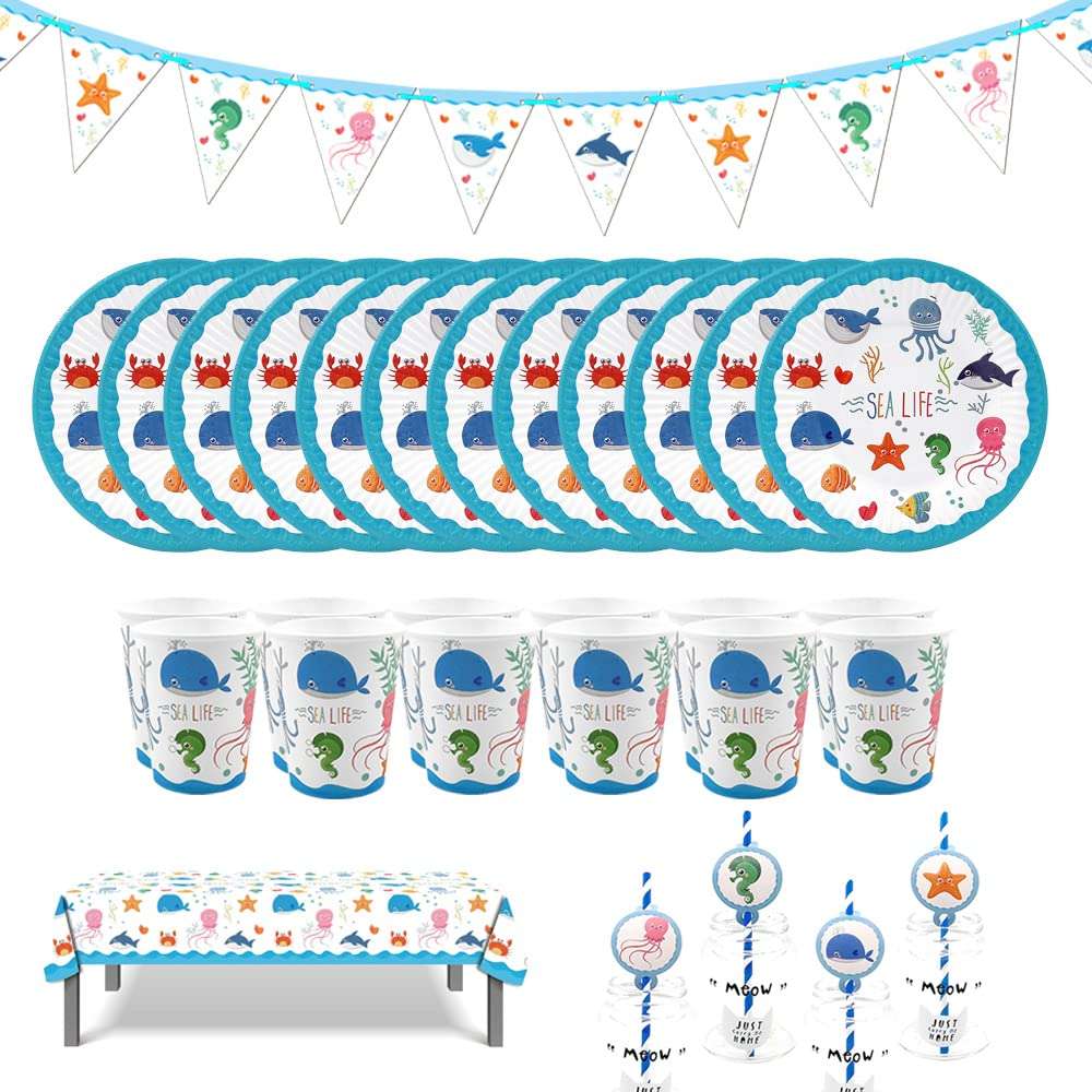 47 Piece Sea Life Marine Animals Theme Party Supplies, Kids Birthday Party Decoration Tableware Pack, Including Banner, Plate, Cup, Straw, Table cover, Serves 12 Guests 1