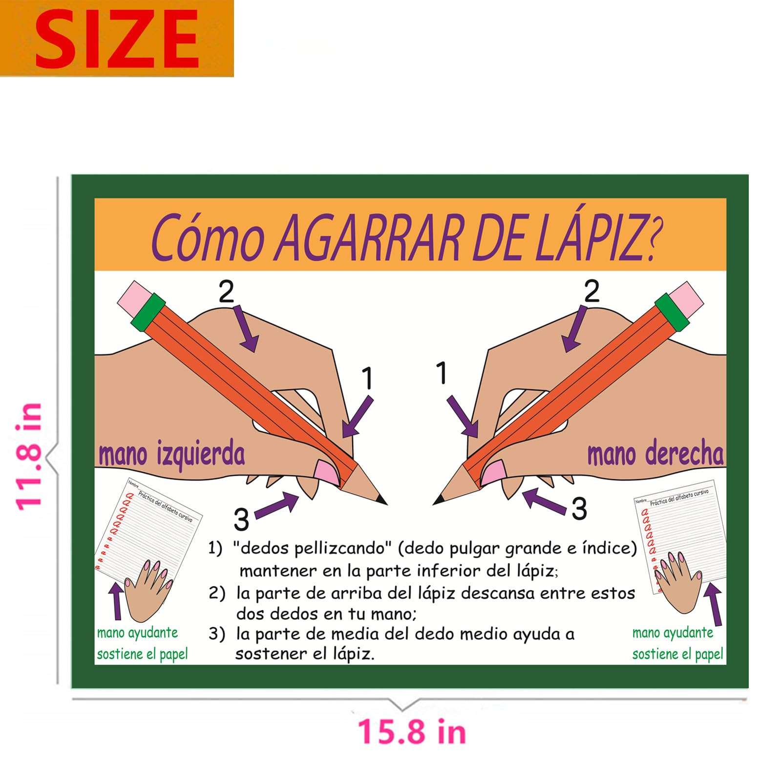 SANTSUN Pencil and Scissor Grip Educational Preschool Poster, How to Pencil Grip? and How to Scissor Grip? Poster with Illustrations, for Toddler and Kid, School Wall Decor, Spanish, 30x40cm 4