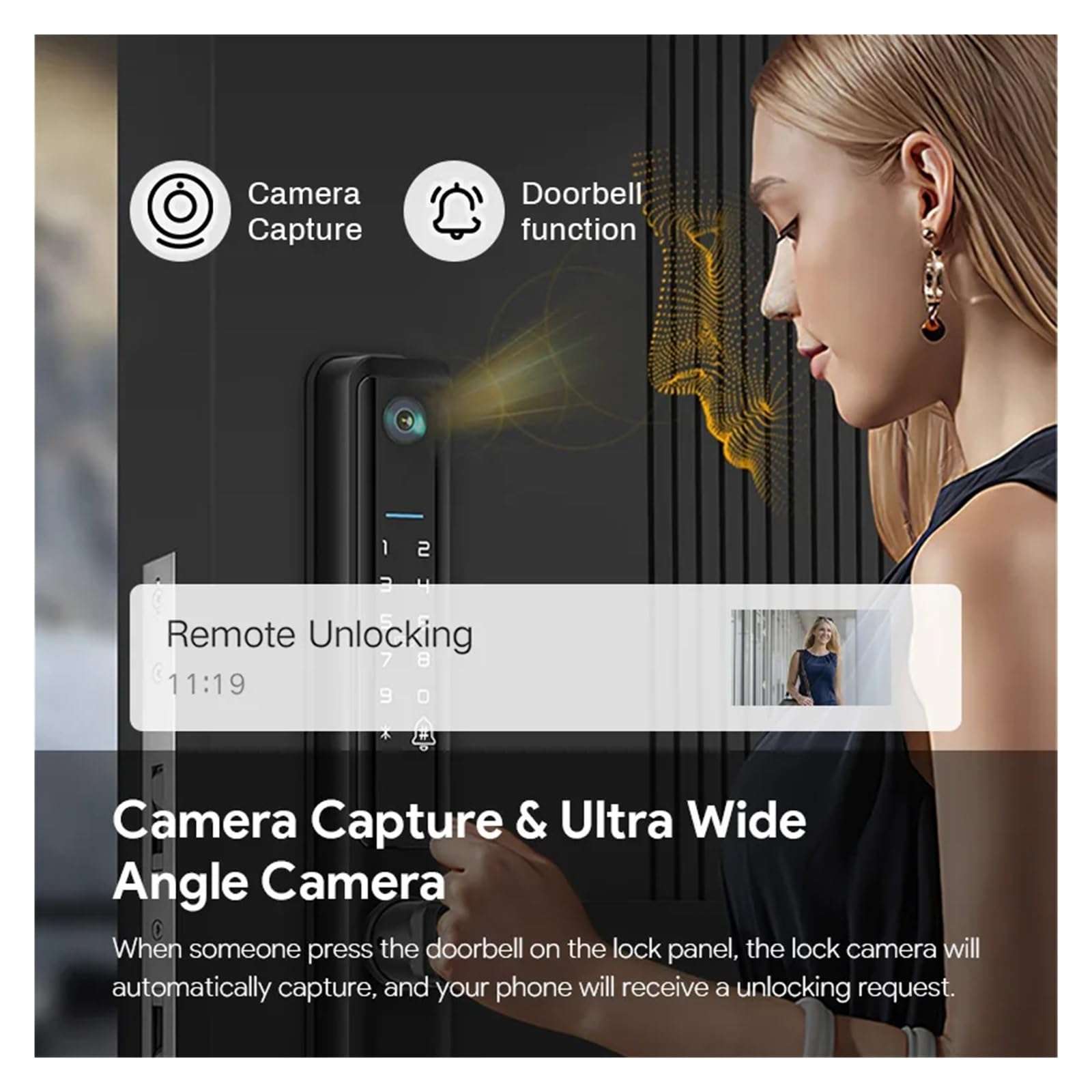 KIEEQGAK Tuya WiFi Slim Smart Lock，with Camera for Sliding Glass Aluminum Door，Waterproof Biometric Fingerprint Electronic Glass Locks(Black 3585 Hook) 6