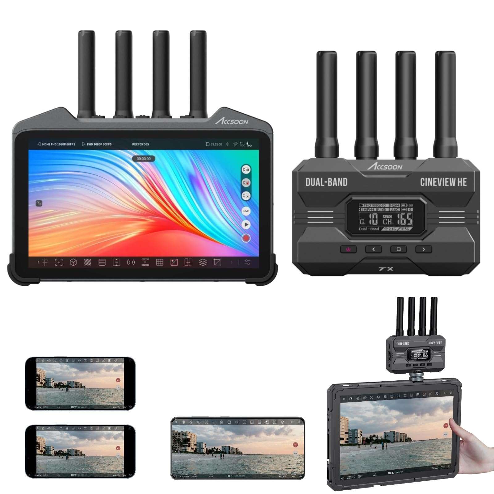 Accsoon CineView M7 Pro Wireless Transmitter Receiver Monitor 7inch 4K60 + CineView HE Wireless Video Transmitter 1