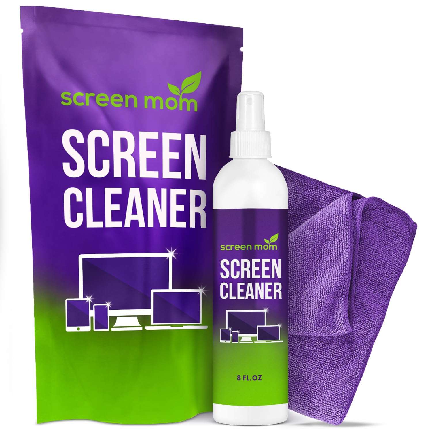 Screen Mom Screen Cleaner Spray and Microfiber Cloth 8oz Screen Cleaner Spray and Wipe for TV, Laptop, Computer, Phone, iPad, Car Screen Cleaning Kit Electronic Cleaner Spray 1