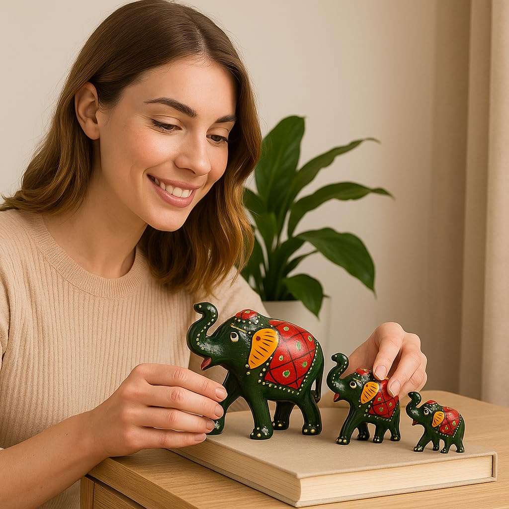 DreamKraft Paper Mache Elephant Showpiece, Standard, Green, 3 Piece, Home Decor, Cultural, Traditional, Festive 3