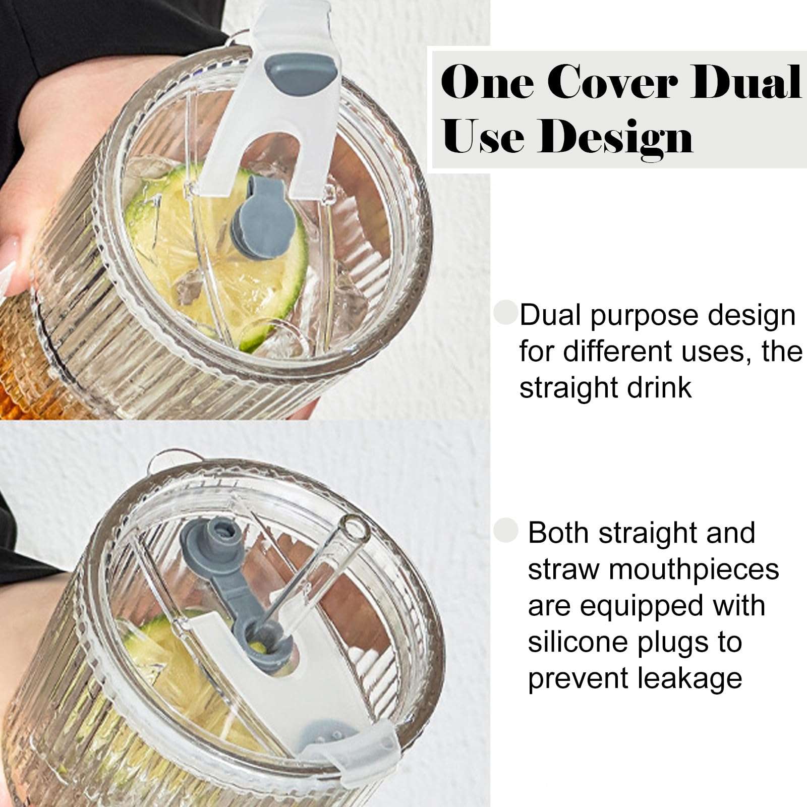 hosck 2 Pack Vertical Stripe Glass Cups, 20 OZ Clear Glass Tumbler with Lid & Straw, Iced Coffee Cup with Lids, Ice Matcha Cup, Dishwasher Safe Drinking Glasses for Coffee, Juice, Tea, Matcha 4