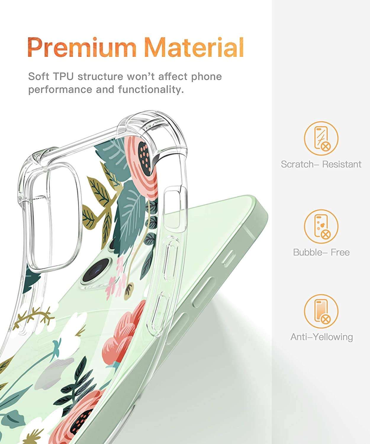 iPhone 12/12 Pro 6.1 inch Case, Clear Flower Design Soft & Flexible TPU Ultra-Thin Shockproof Transparent Bumper Protective Floral Cover Case for iPhone 12/12 Pro 2020 (6.1 inch) (Red-White) 5