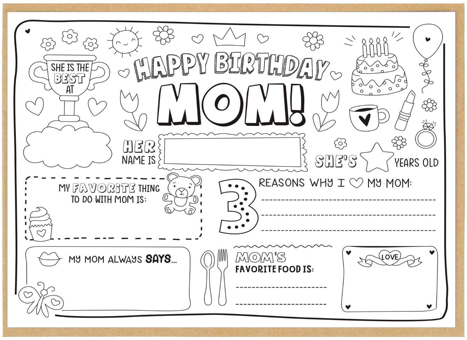 CJ&M Happy Birthday Mom Coloring Page | All About Mom Fill In Template | Mother’s Birthday Activity | Mom’s Birthday Card for Kids.Perfect craft gift from kids for Mother’s Birthday.