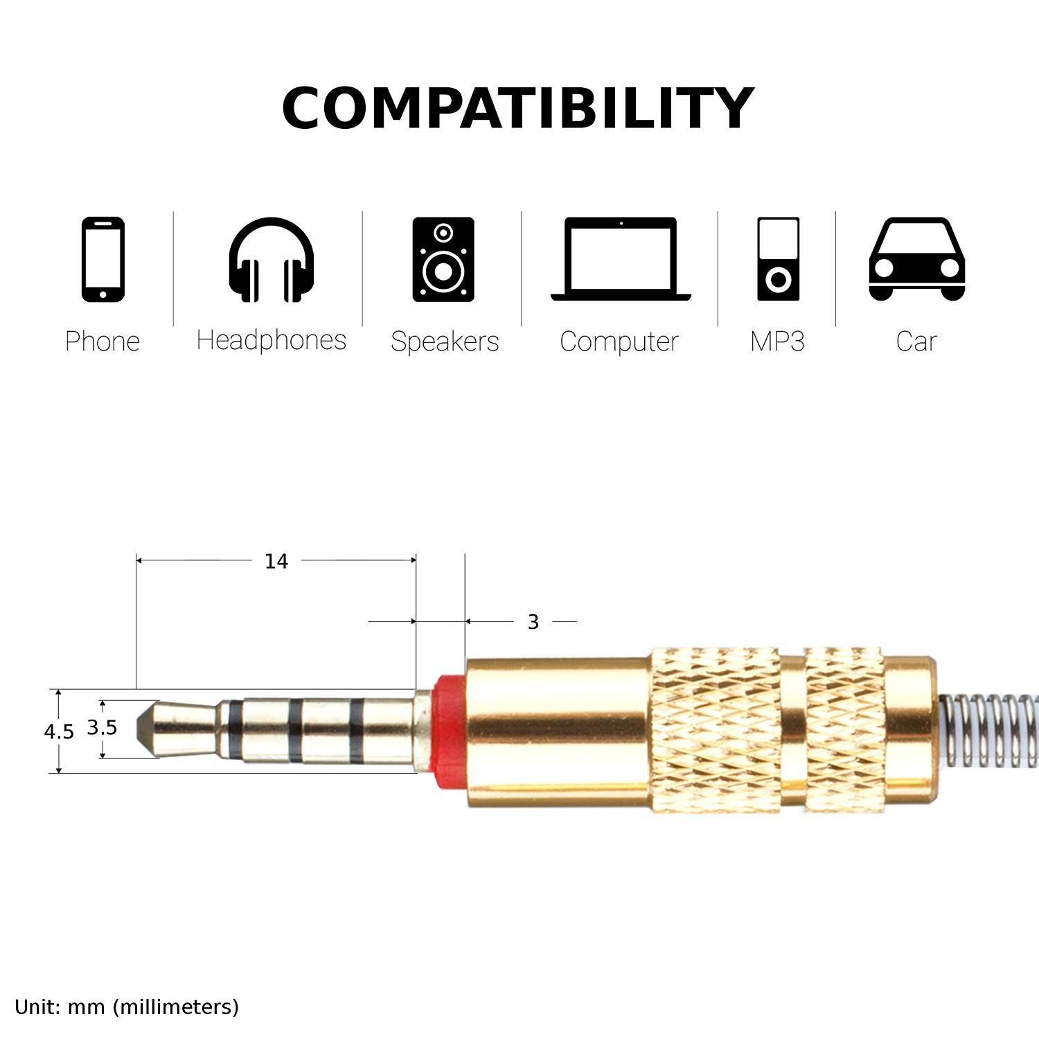 Lilware Set of 2 Metal Braided Audio 3.5mm Cables with Metal Plated Jack - 3.5mm to 3.5 mm 2.6 FT (80 CM) Audio AUX Cord - Silver 5