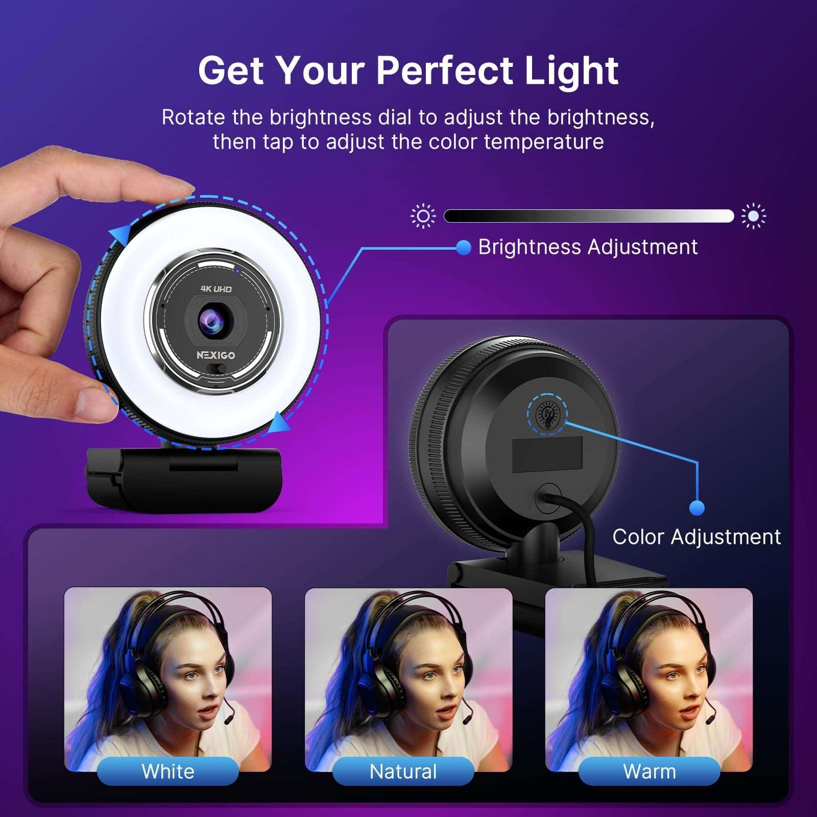 NexiGo N680E Pro 4K Webcam with Ring Light, PDAF Autofocus, 1080p 60FPS, Dual Noise-Canceling Mics, Privacy Shutter, USB Plug-and-Play for Zoom, Teams, Twitch, Google Meet 5
