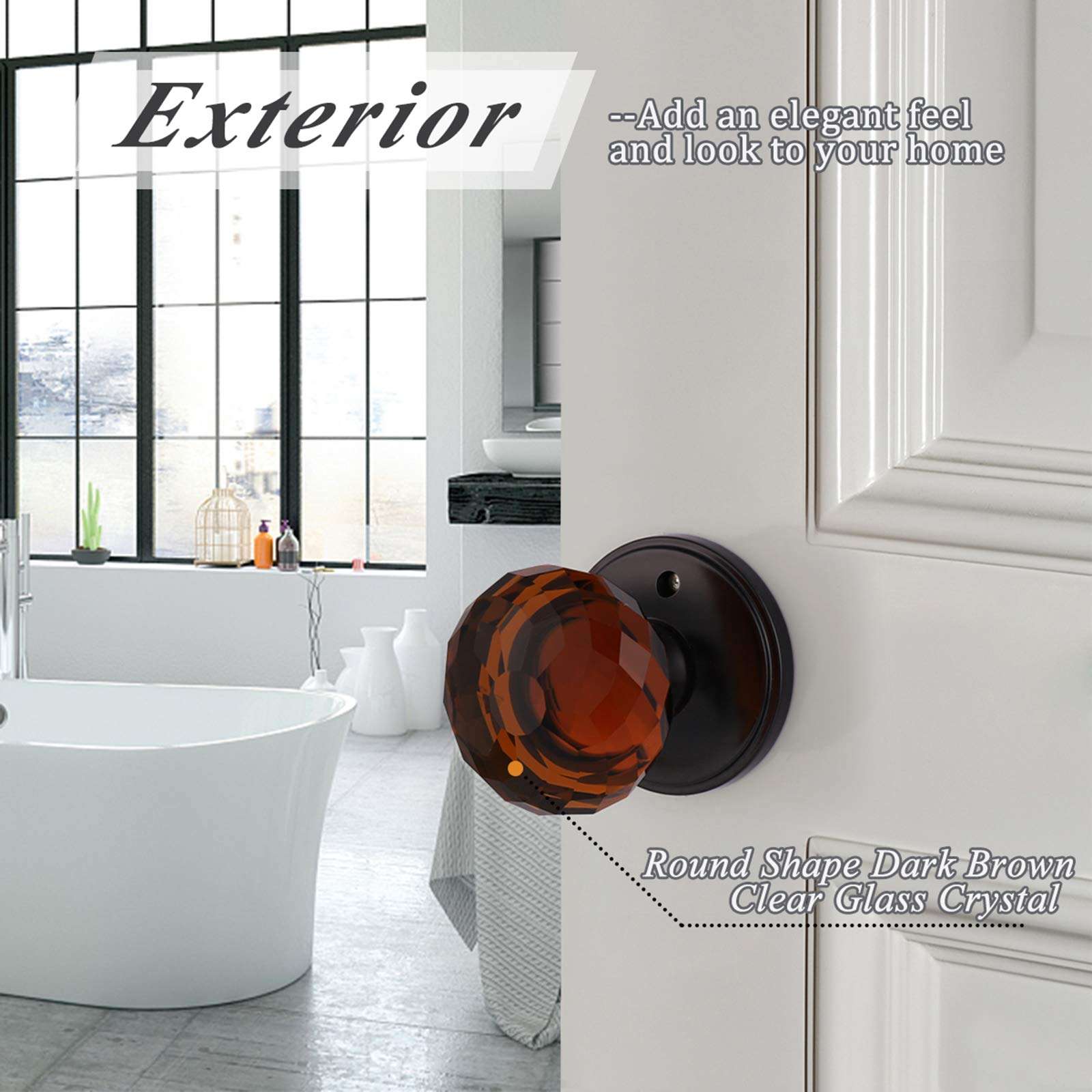 Probrico Privacy Door Knob with Lock for Bedroom and Bathroom 1 Pack, Keyless Crystal Door Knobs Interior, Heavy Duty Glass Door Knobs with Black Round Rosette 3