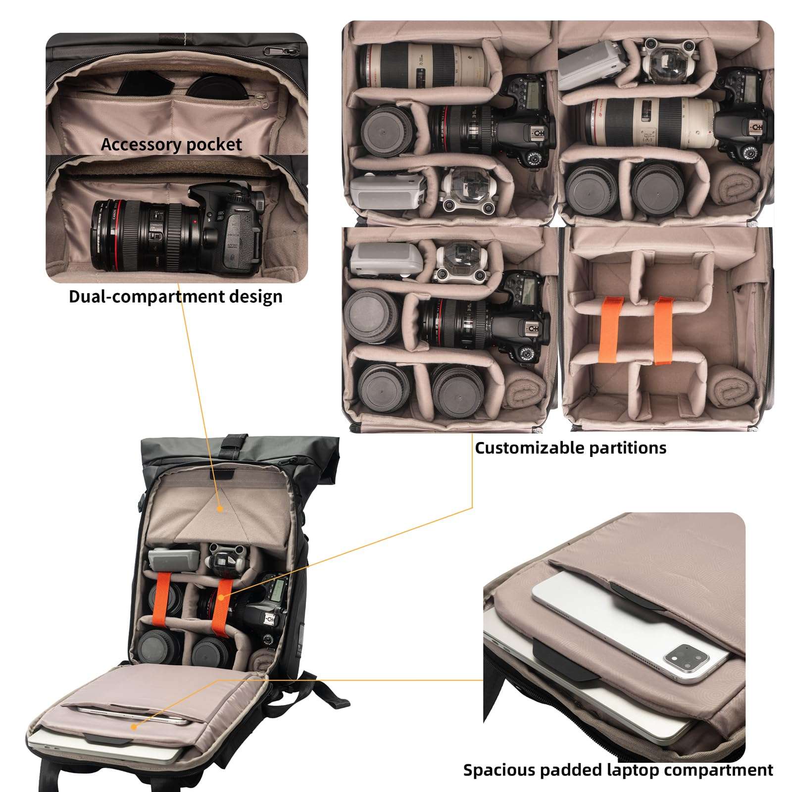 Besnfoto Hardshell Camera Backpack,DSLR SLR Mirrorless Camera Bag Waterproof with 15.6'' Laptop Compartment Tripod Holder Photography Camera Case Compatible for Canon/Nikon/Sony/Drone 6