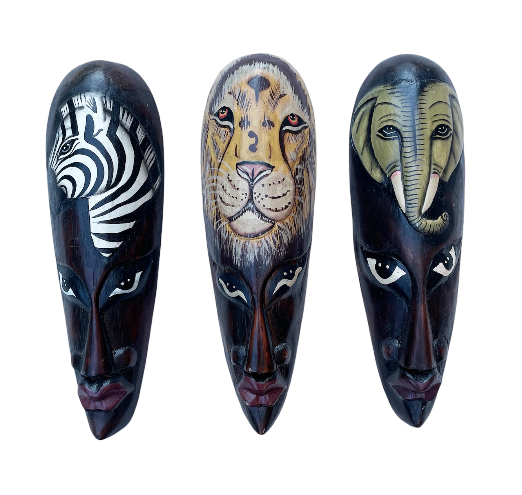 OMA African Mask Wall Hanging Decor African Tiki Masks Wooden Wall Sculptures Set of 3, Zebra Safari Theme Home Decor, Hand Painted Tropical Jungle Decor, 12" High