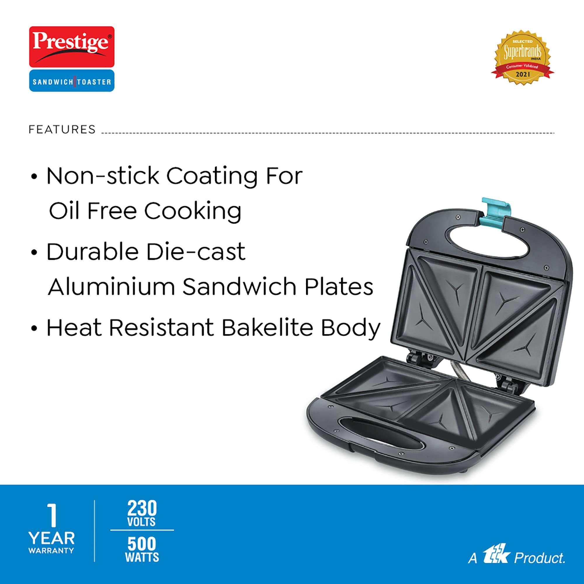Prestige PSMFB (D) 800W Sandwich Toaster with die cast Aluminium Sandwich Plates|Power Indicators|Non-Stick Coating|Black|1 Year Warranty 5