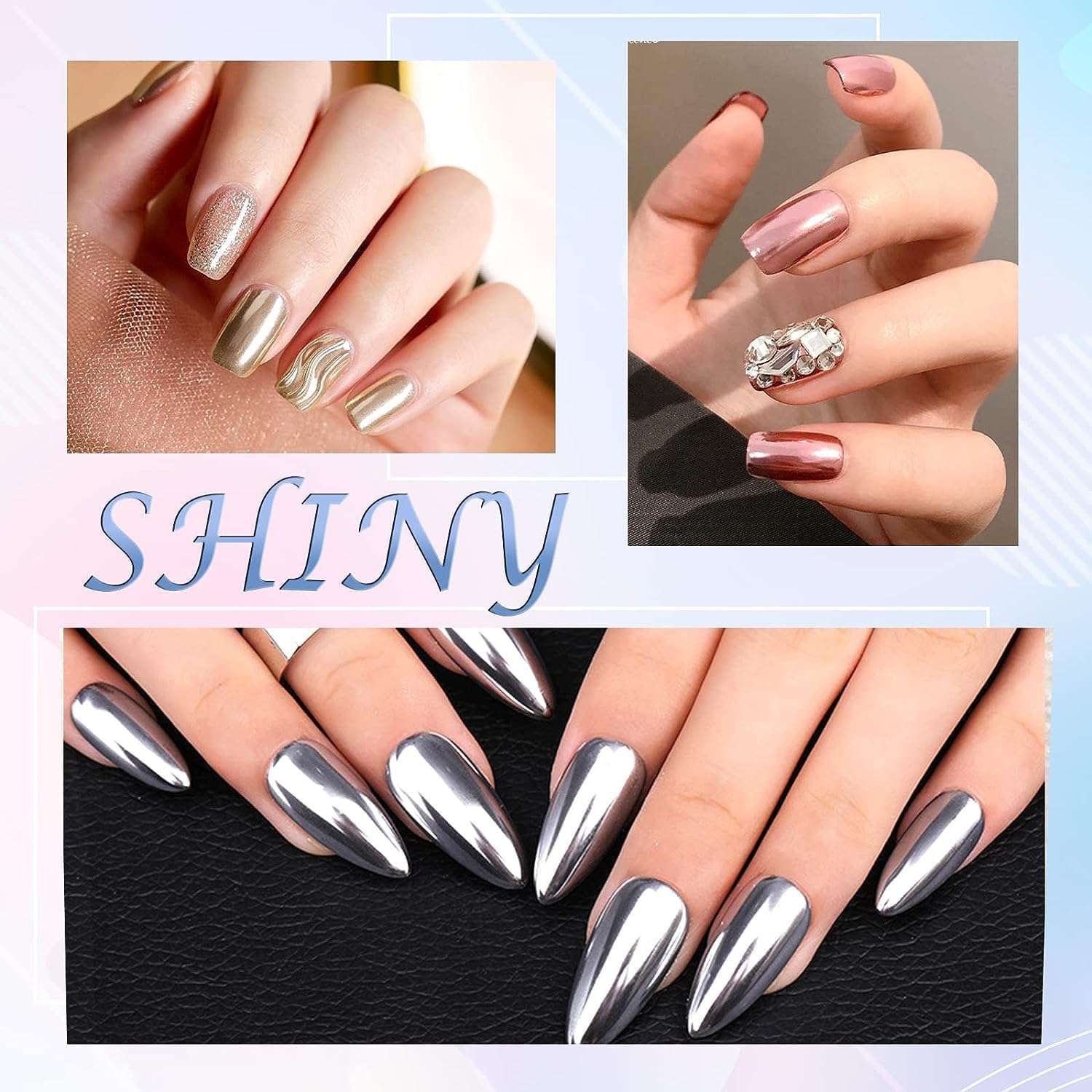 AISHU Golden Chrome Nail Powder Solid Glitter Fairy Shell Nails Art Powder Holographic Ice Transparent Aurora Moonlight Manicure Pigment with Tool 5