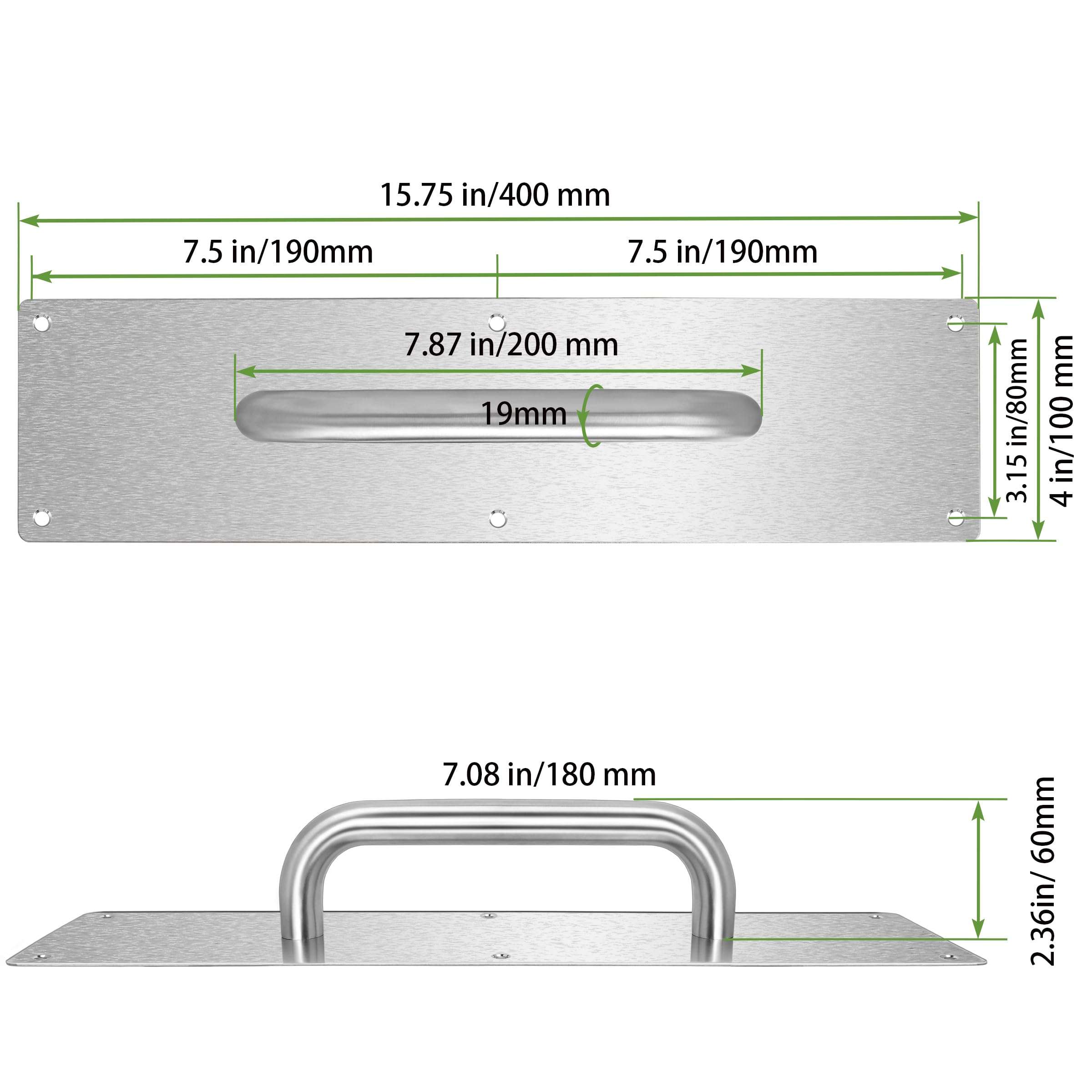VRSS 304 Stainless Steel Satin Finish Door Push Pull Handles, 100mm Width x 400mm Height x 1.2mm Thick, 180mm Hole to Hole, 200mm Handle Length, 19mm Pull Diameter (1 Pair) 5