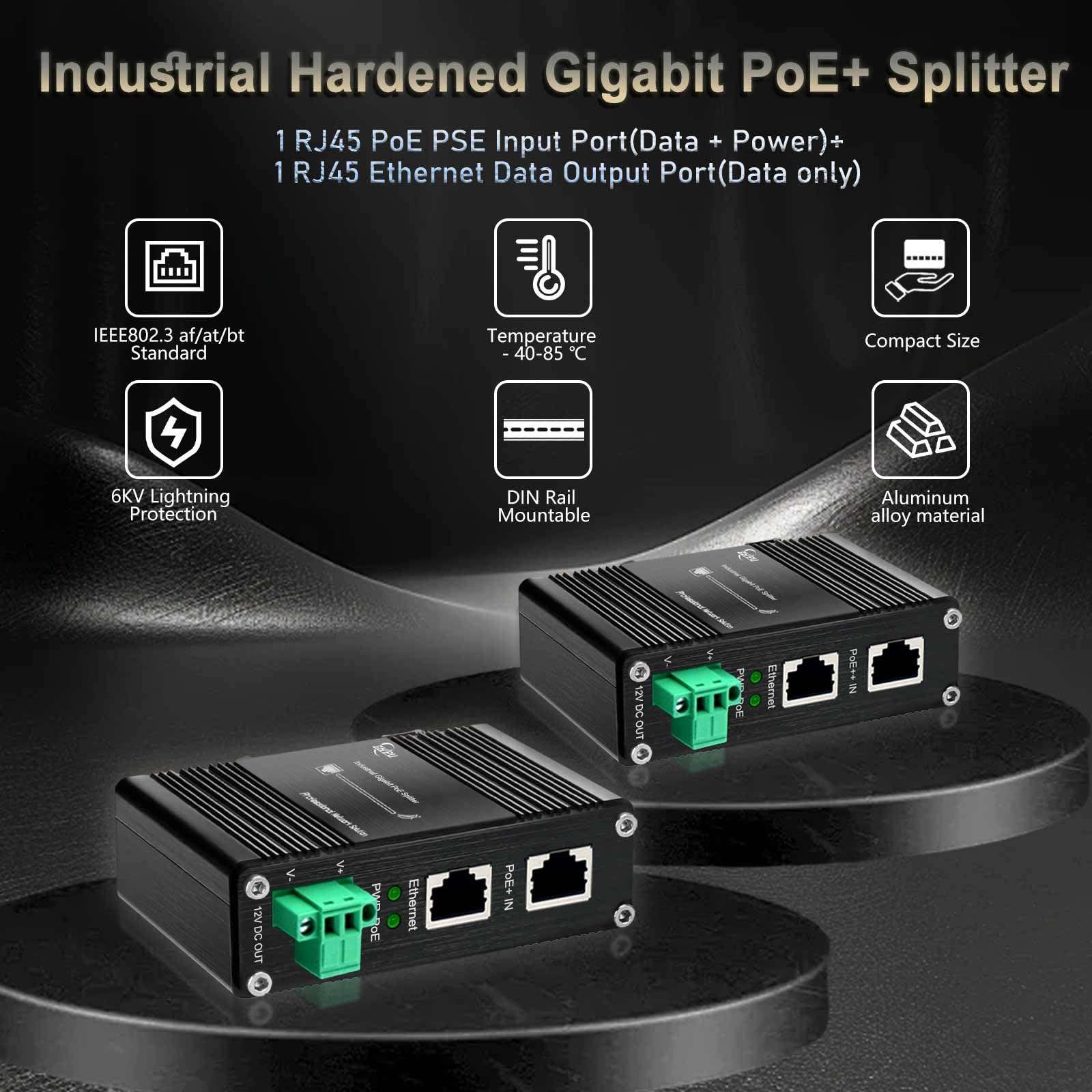 Industrial Hardened Gigabit PoE++ Splitter PoE IEEE802.3 at 95W Input 12V DC Output DIN- Rail Wall Mount -40°C to 80°C IP40 3