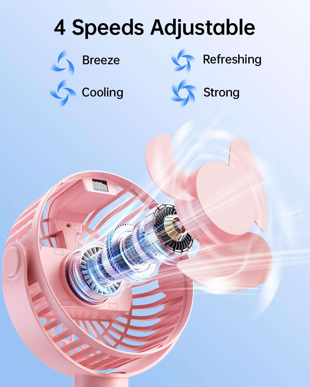 SWEETFULL Portable Stroller Fan with Display 4000mAh Battery Powered Mini Clip On Fan, 4-Speed Rechargeable Small Personal Cooling for Baby Car Seat Crib Travel - Pink 4