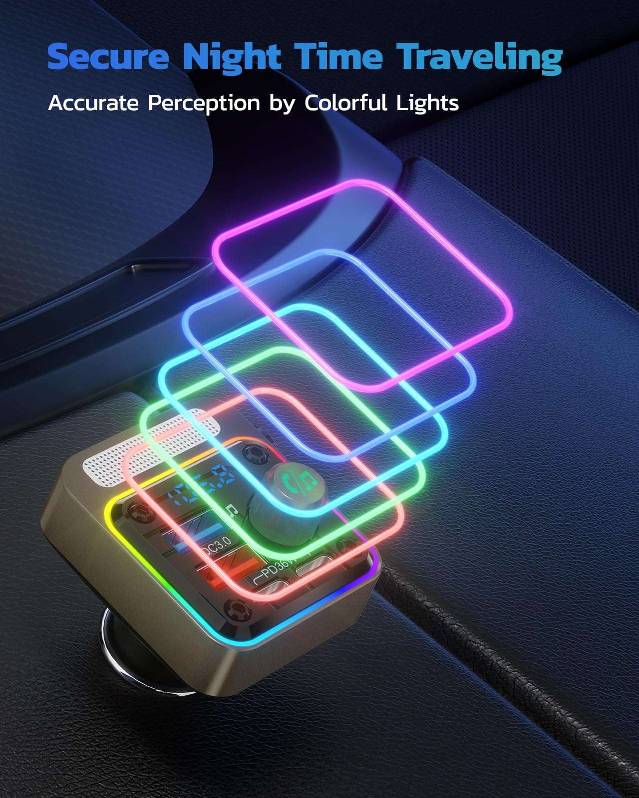 Nulaxy 54W Bluetooth 5.3 Car Adapter with 4 Charging Ports [PD 36W & QC3.0 18W], Wireless Radio FM Transmitter with Deep Bass Player & 5 Colors LED Backlit, Hands-Free Calling - Gold 6