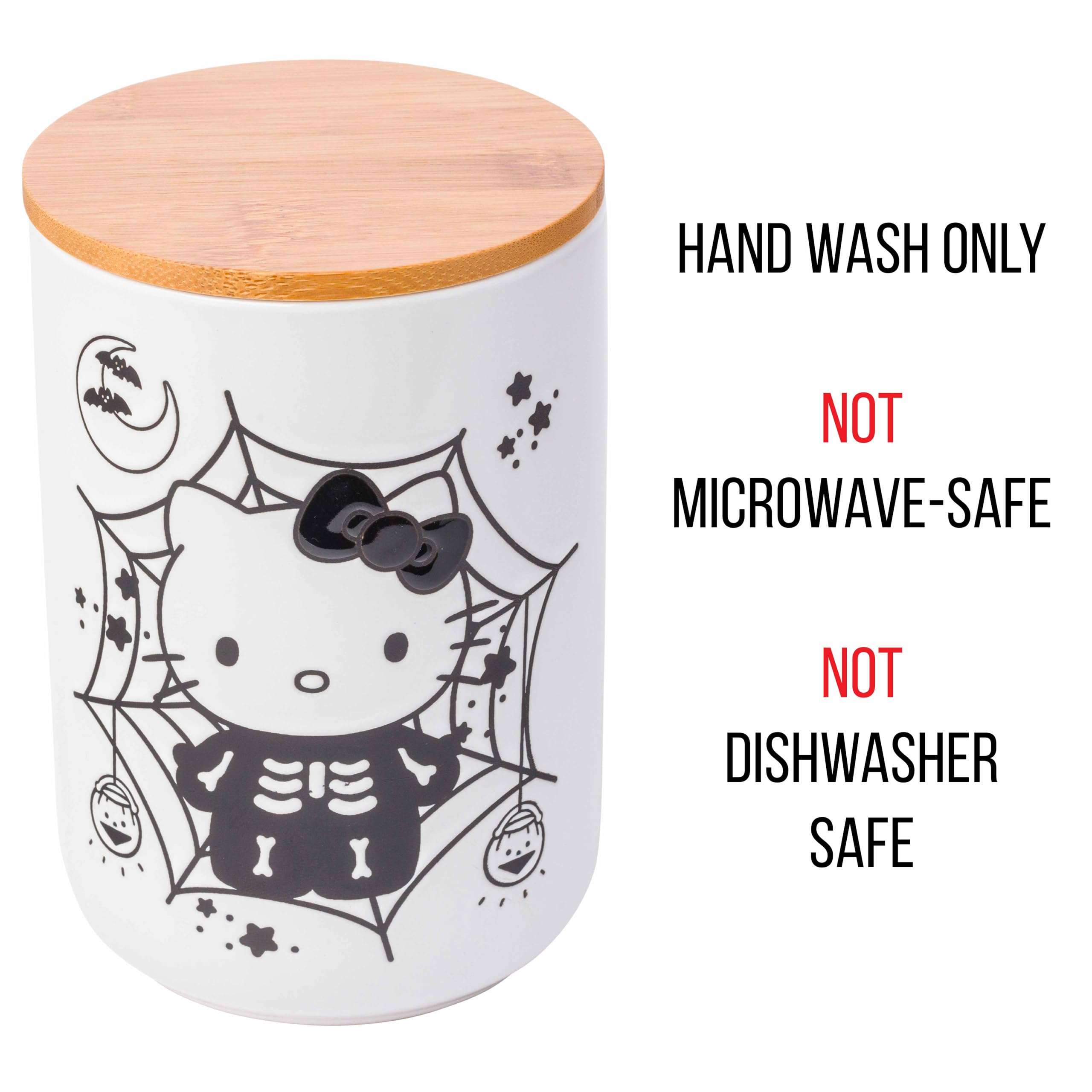 Silver Buffalo Sanrio Hello Kitty Halloween Spooky Skeleton Web Ceramic Cookie Snack Candy Jar with Airtight Bamboo Lid, Black and White (Small) 4
