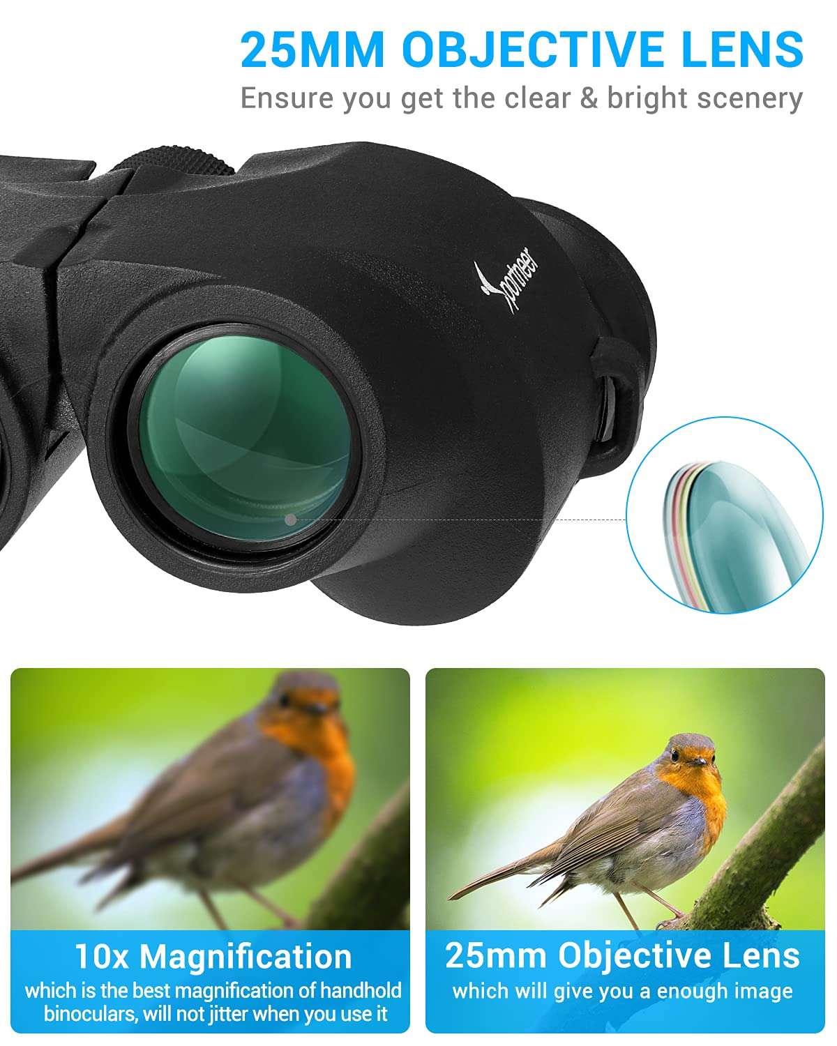 Binoculars for Adults and Kids, Sportneer 10x25 Waterproof Binoculars for Adults Compact Binoculars with 15mm Foldable Soft Eyepiece for Hunting Hiking Bird Watching Concerts Outdoor 5