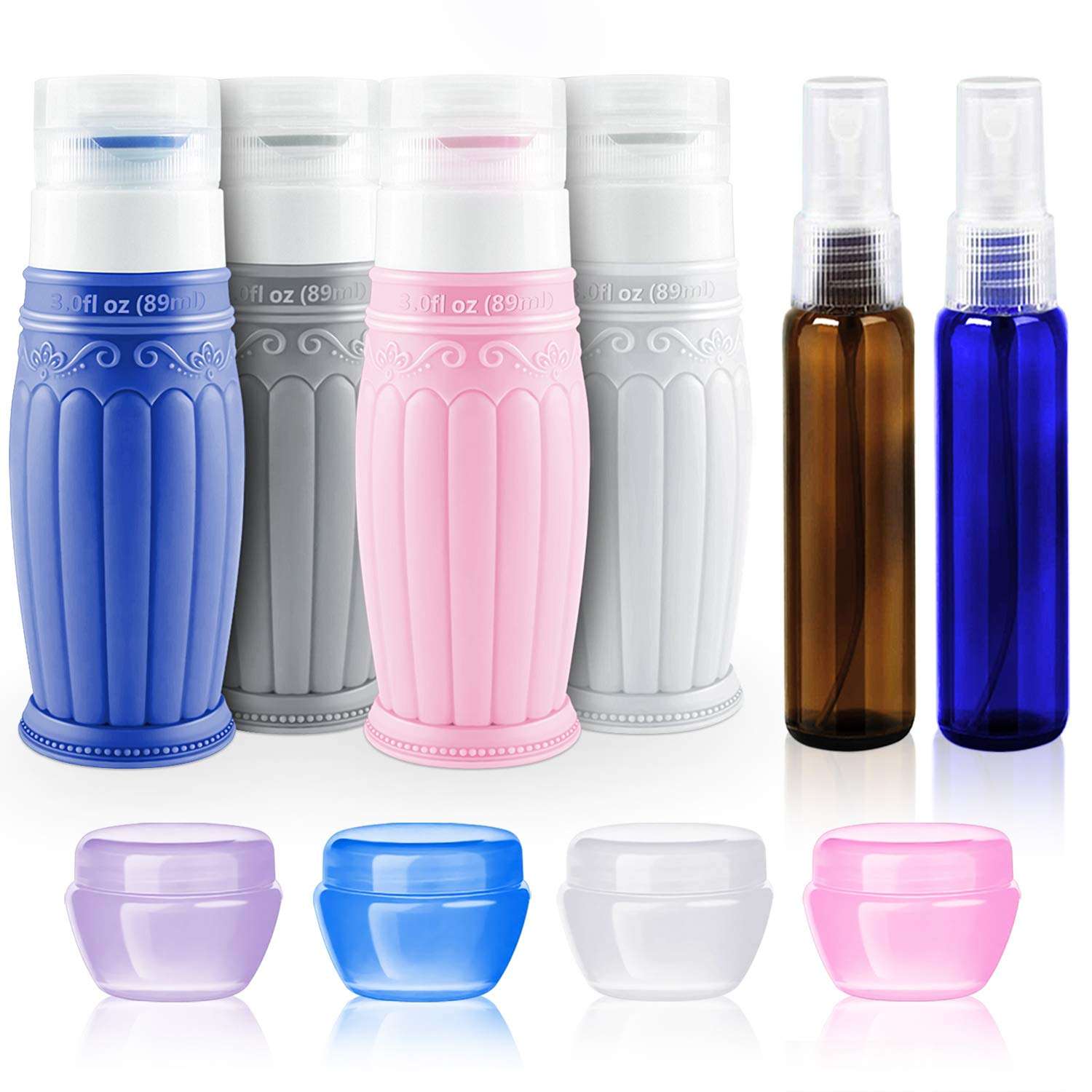 Travel Bottles Toiletry Containers Set: 10PCS TSA Approved Traveling Size Bottle and Shampoo Container Kit, 4PCS 3 OZ Squeeze Silicone Bottle for Toiletries 4PCS Scream Jar 2PCS Spray Bottle Men Wome 1