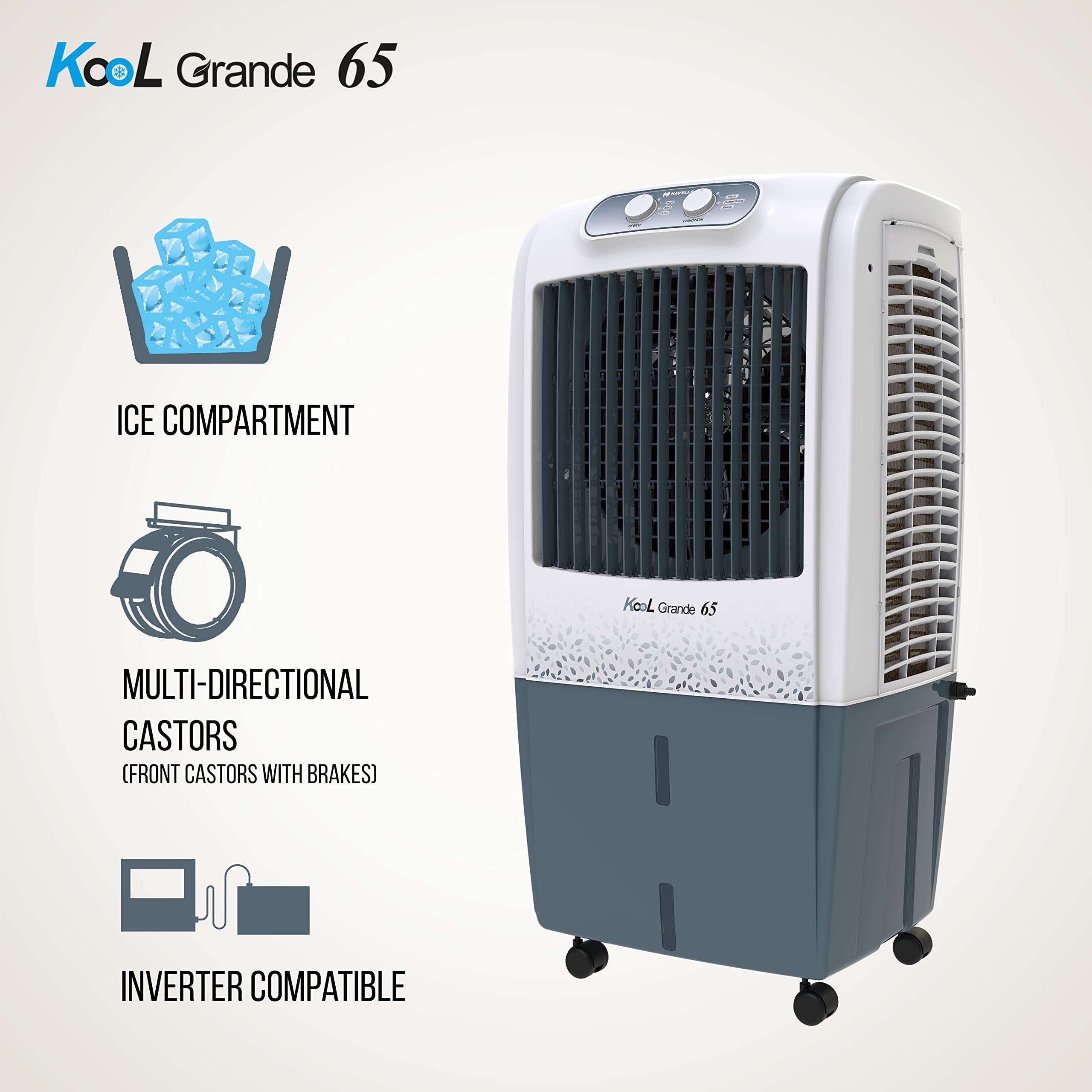 Havells Kool Grande 65L Air Cooler for home | Powerful Air Delivery | Everlast Pump | Ice Chamber, Thermal Overload Protection | 3 Side High Density Honeycomb Pads | Heavy Duty (White/Grey) 3