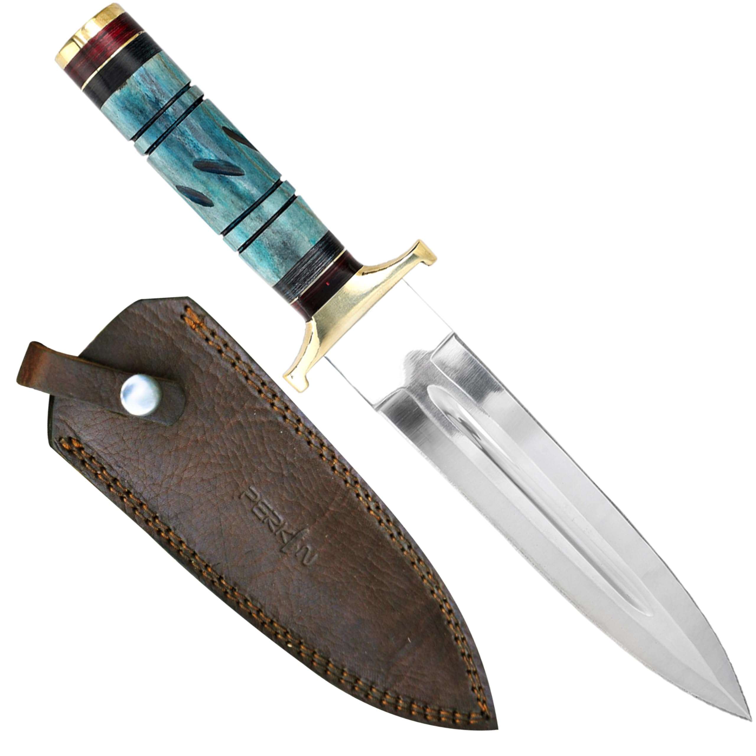 Perkin Hunting Knife - 13” Double Edge Knife - Handmade Knife with Leather Sheath - 440C Razor Sharp Steel Spear Point Blade with Colored Bone Handle for Camping, Tactical, and Survival 1