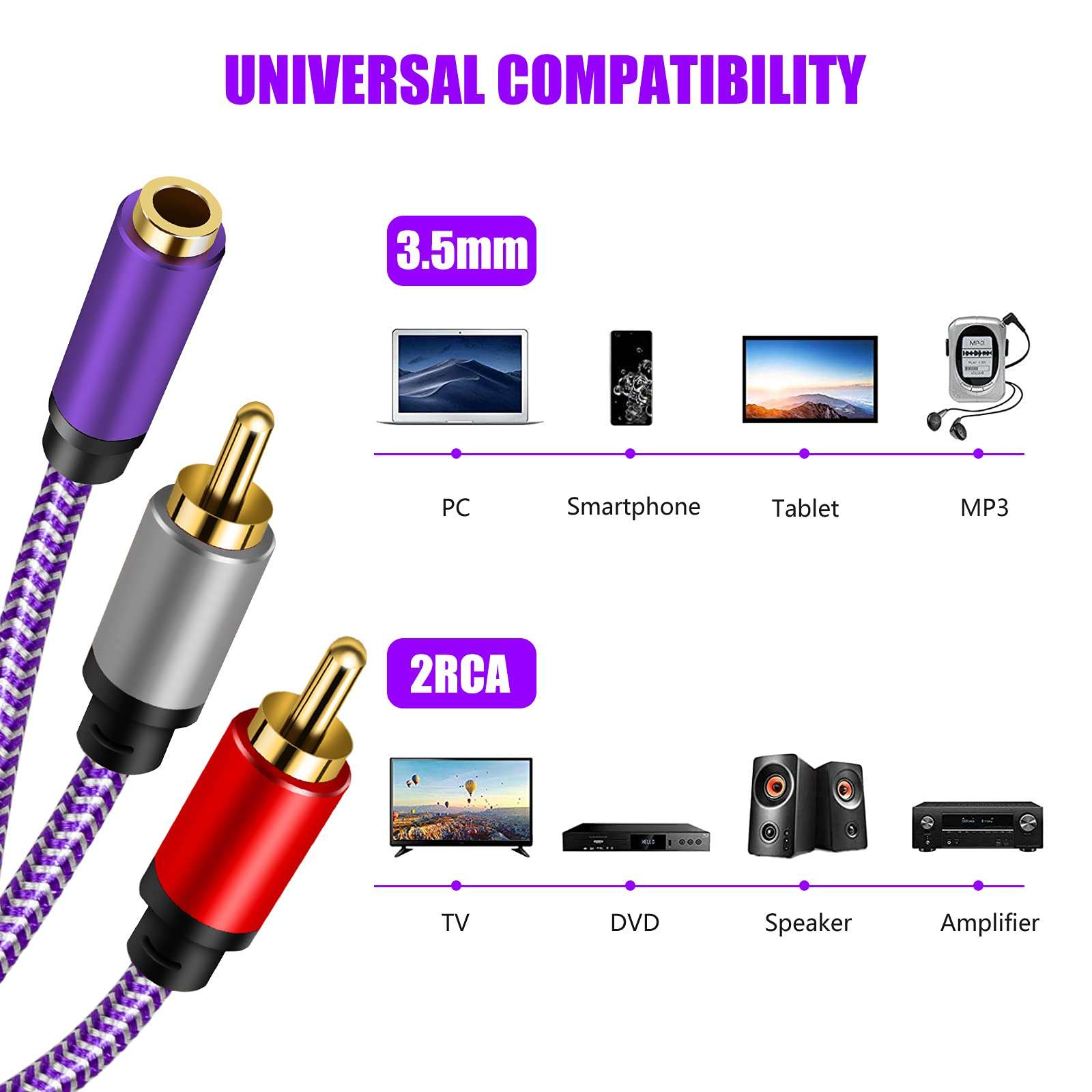 TanGuYu 3.5mm to RCA Cable, Nylon Braid 3.5mm Female to 2 RCA Male Stereo Audio Y Cable Adapter Gold Plated Compatible for Smartphones MP3 Tablets Home Theater (3Ft) 4