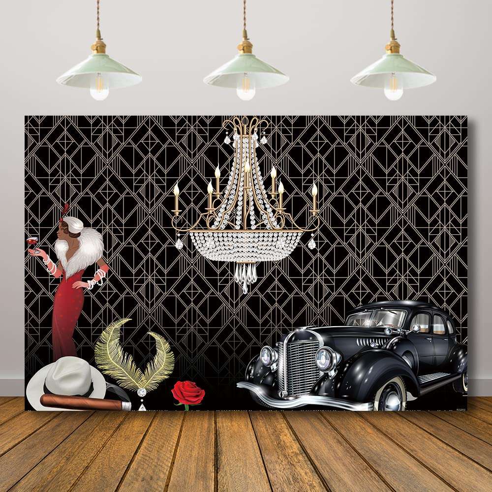 Rarcoirs Roaring 20s Photography Background The Great Gatsby Party Backdrop Vintage Happy Birthday Decoration Gangster Prom Props 20’s Bday Banner Decoration 71X47inch 1