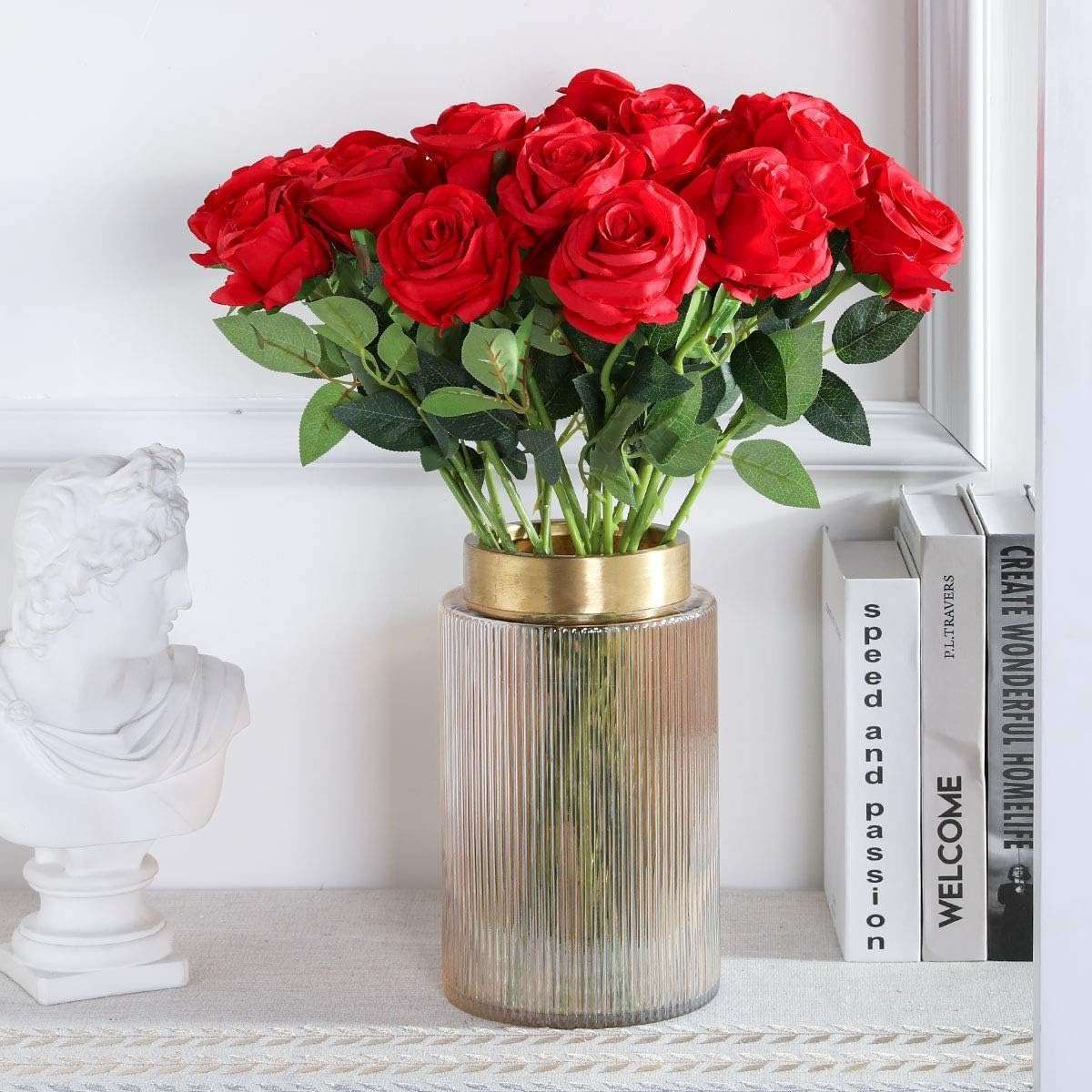 Dekorly Artificial Fake Roses Flowers - 10 Pcs Fake Artificial Roses Silk Flowers with Stems for Home Room Tabletop Wedding Hotel Office Centerpiece Decor | Height 18 Inch (Red) 3