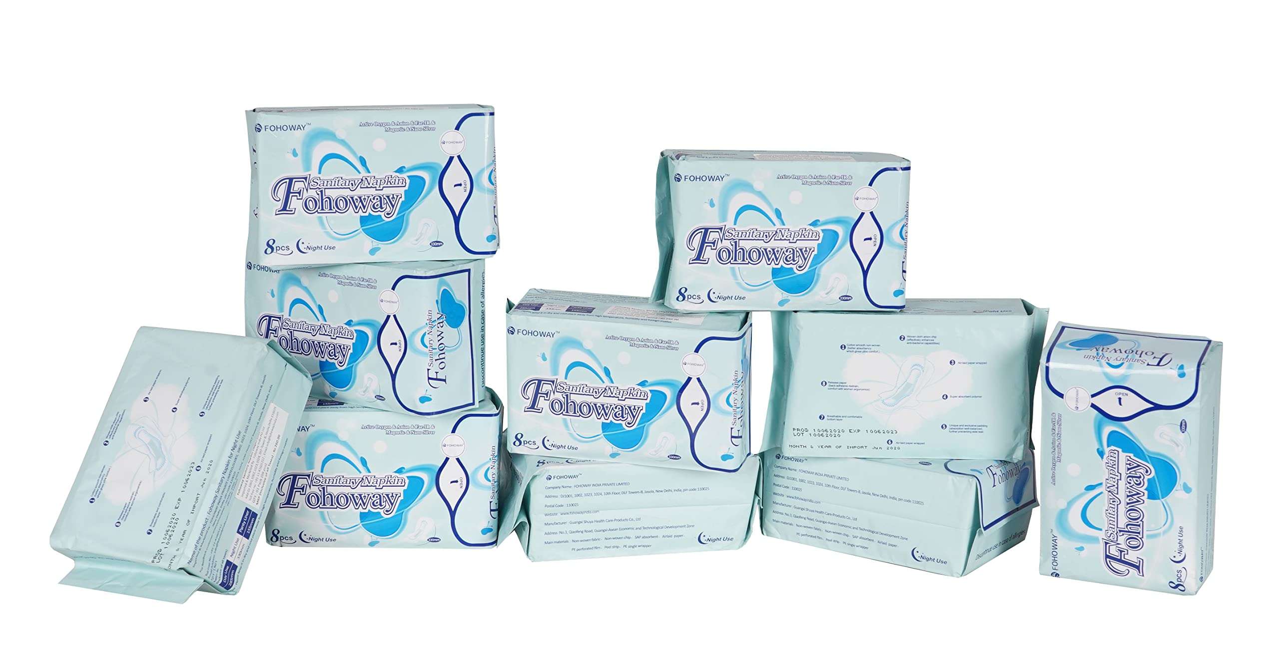 FOHOWAY Active oxygen & Anion & far IR & Magnetic & Nano Silver Night Use (8Pcs) (Pack of 10) Sanitary Pad 5