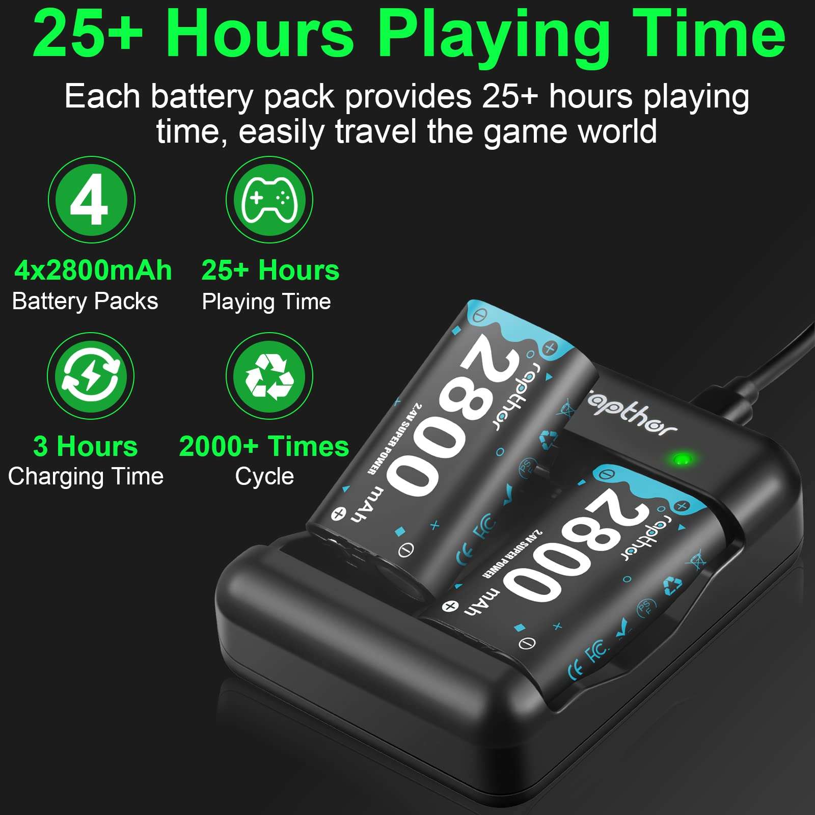 Rapthor 4X 2800mAh Rechargeable Battery Pack for Xbox One/Series Controller, High Power Battery Pack with Fast Charger for Xbox One/Xbox Series X|S/Xbox One S|X|Elite (4 Battery Packs+1 Charger) 3