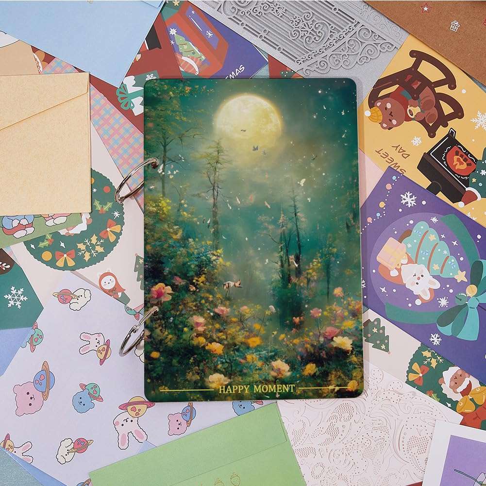 SUPERDANT Happy Moment Greeting Card Organizer Planning Book Binder Card Keeper Moonlight Jungle Birthday Cards Holder Wooden Keeper Binder Photo Album 2-Rings Cover Keepsake Holiday Wedding Gifts 6