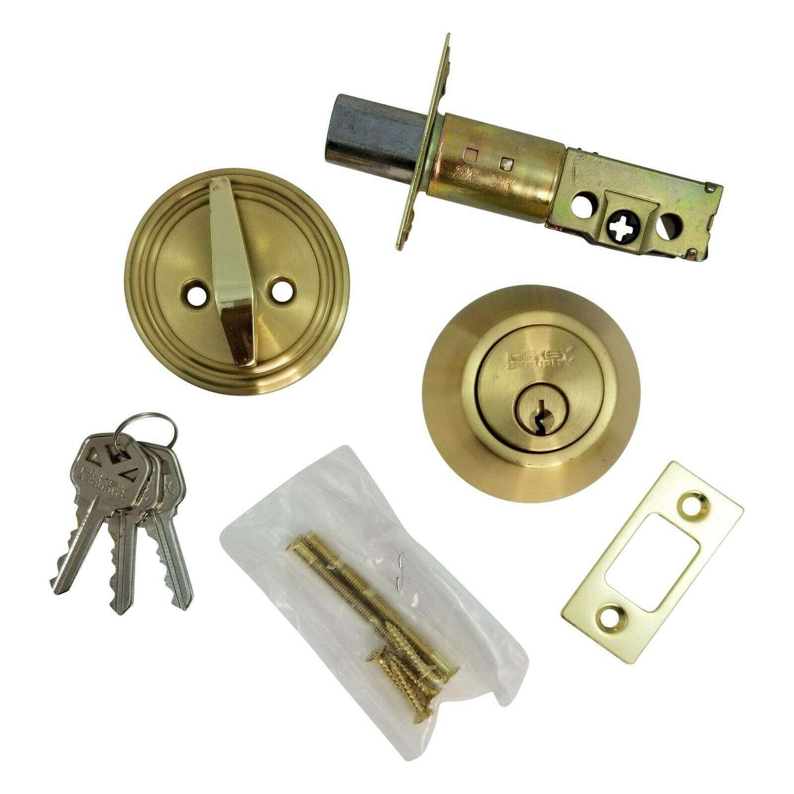 RI-KEY SECURITY - DeadBolt Lock Entry Keyed Cylinder 3 Key Exterior Interior Kw1 Satin Brass 2