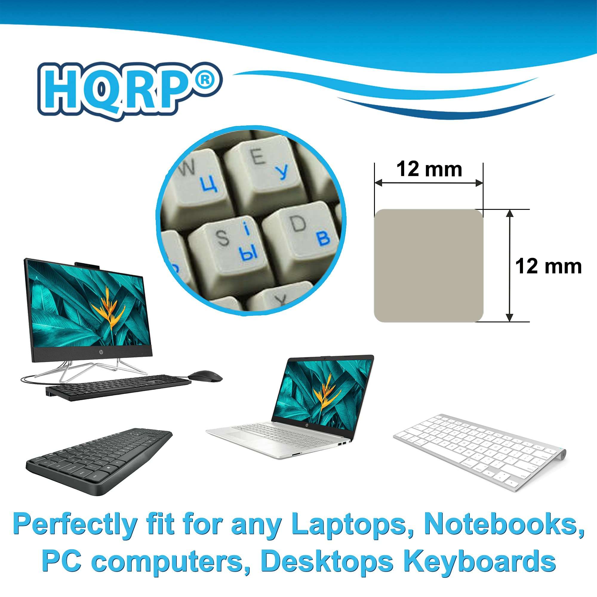 HQRP 2-Pack Cyrillic Alphabet Russian/Ukrainian Laminated Keyboard Stickers On Transparent Background with Blue Lettering for All PC Computers 5
