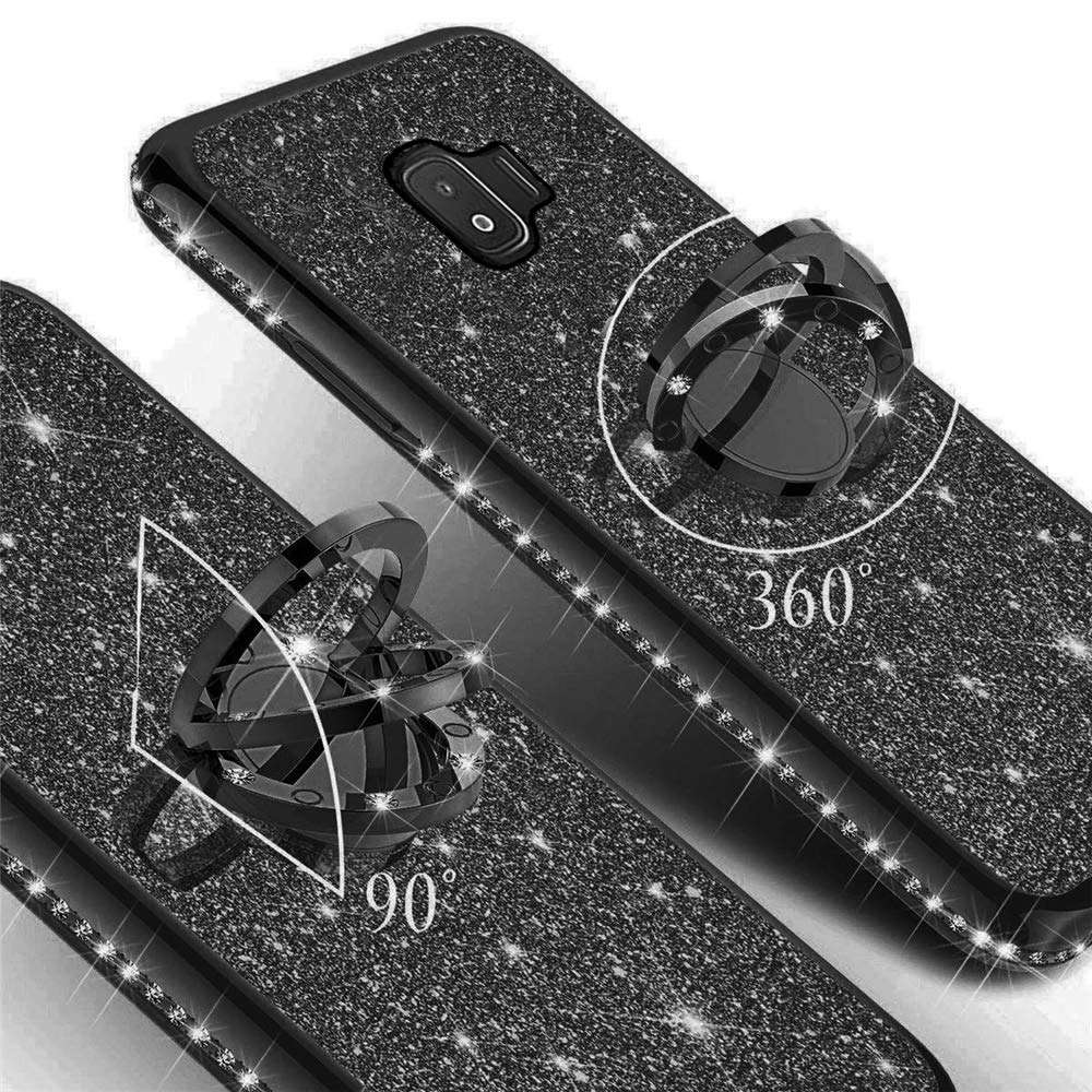 VNGUKS for Samsung Galaxy J2 Core Case with Screen Protector, J2 Pure/J2 2019/J2 Dash/J2 Shine Case, Bling Diamond Glitter Silicone Bumper with Metal Ring Holder Cover with Tempered Glass, Black 2