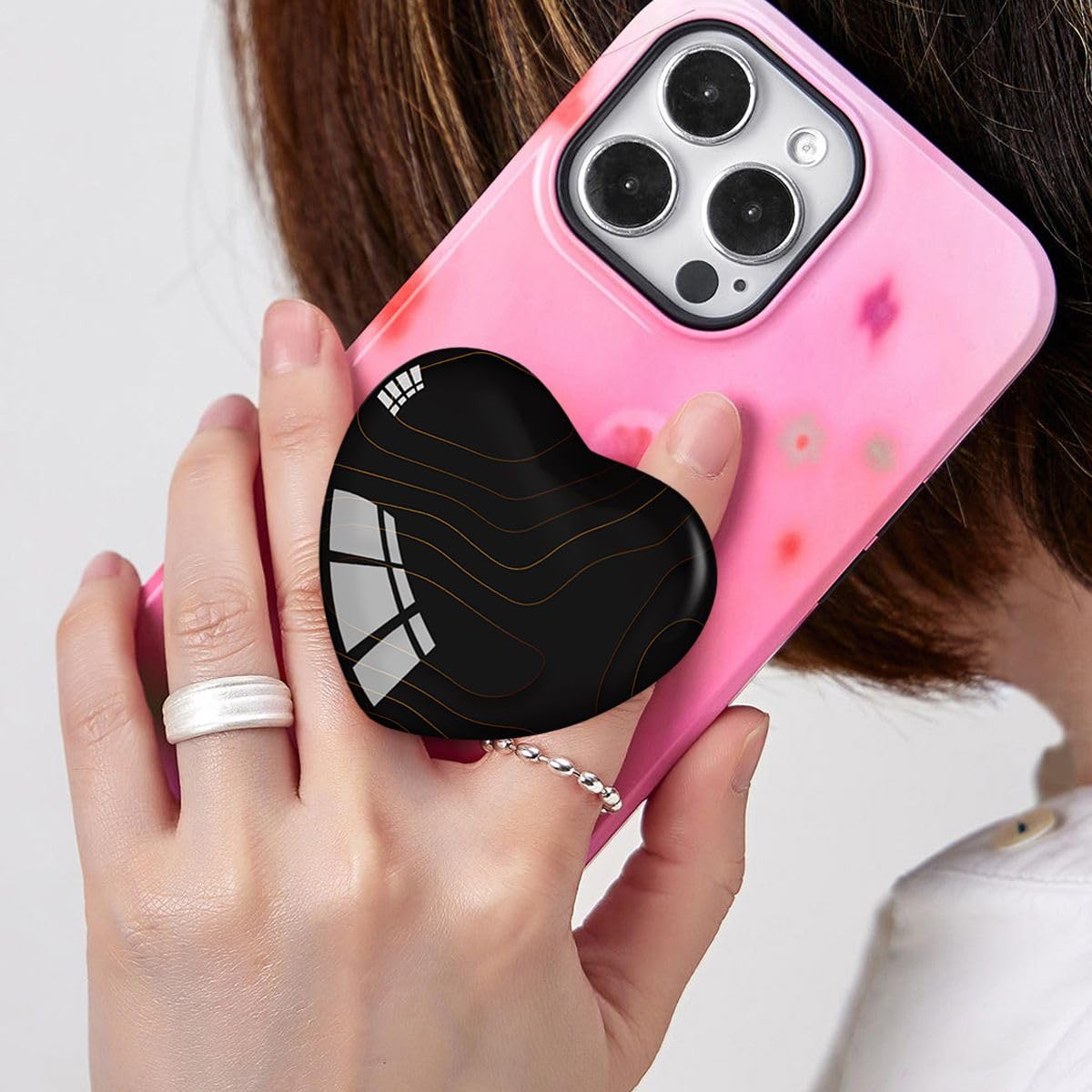 Luhoit - Cell Phone Expanding Phone Grip Heart Shape Glass Holder for Smartphones, Moblile Phone Collapsible Stand - Black Rose Gold Texture
