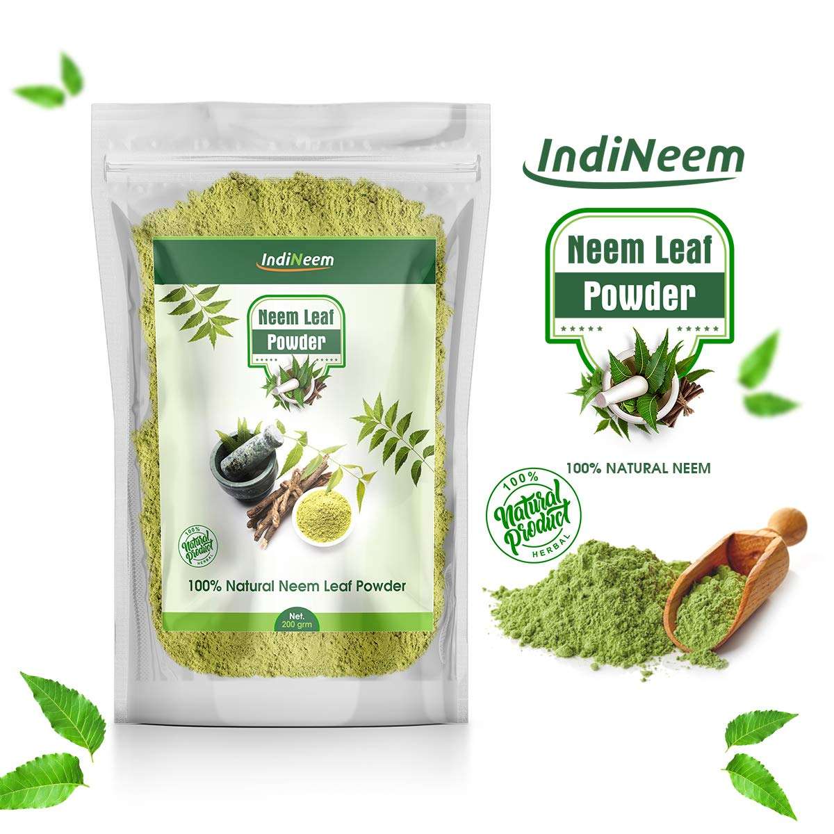 IndiNeem Neem Leaf Powder for Skin, Hair, Acne, Dandruff and Hair Growth | Natural Organic Neem Leaf/Leaves Powder | For smooth, strong and Shiny Hair | Helps to treat Acne, Blemishes | Skin Nourishing Properties | 100 grams Pack 4