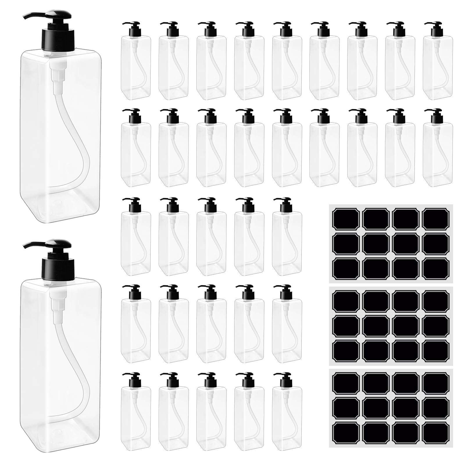 TANEMUDO 35 Pcs 16 oz Empty Plastic Pump Bottles Black Pumps with 3 Labels Refillable Lotion Shampoo Containers Clear Square Lotion Dispenser for Liquid Soap, Massage Oil, and Face Cream 1