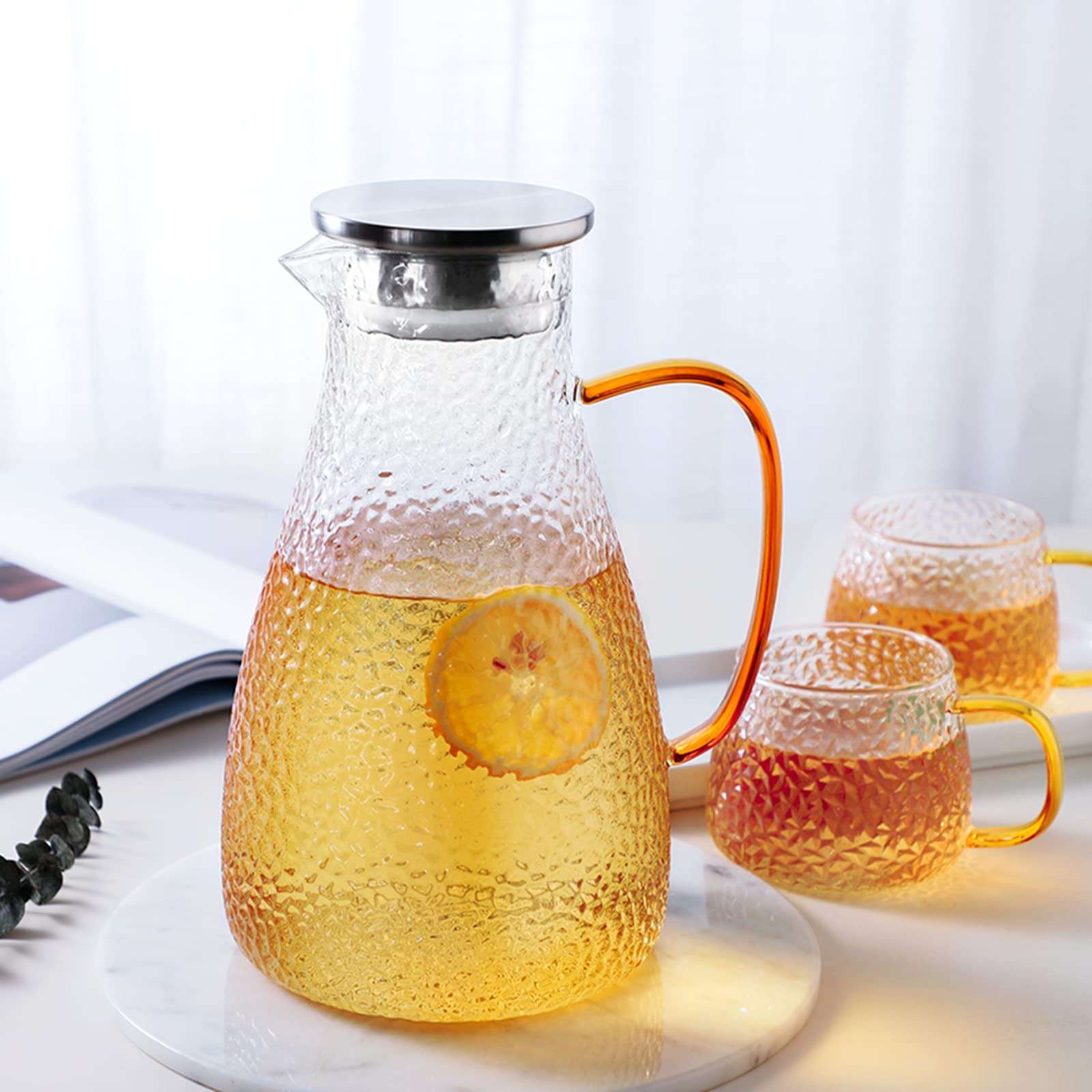 85 Ounces Glass Pitcher, ONEISALL Water Carafe with Filter Lid and Drip-free Spout, Thicker Heat Resistance Beverage Carafe for Hot/Cold drinks & Iced Tea, Durable, Cleaning Brush Included 4