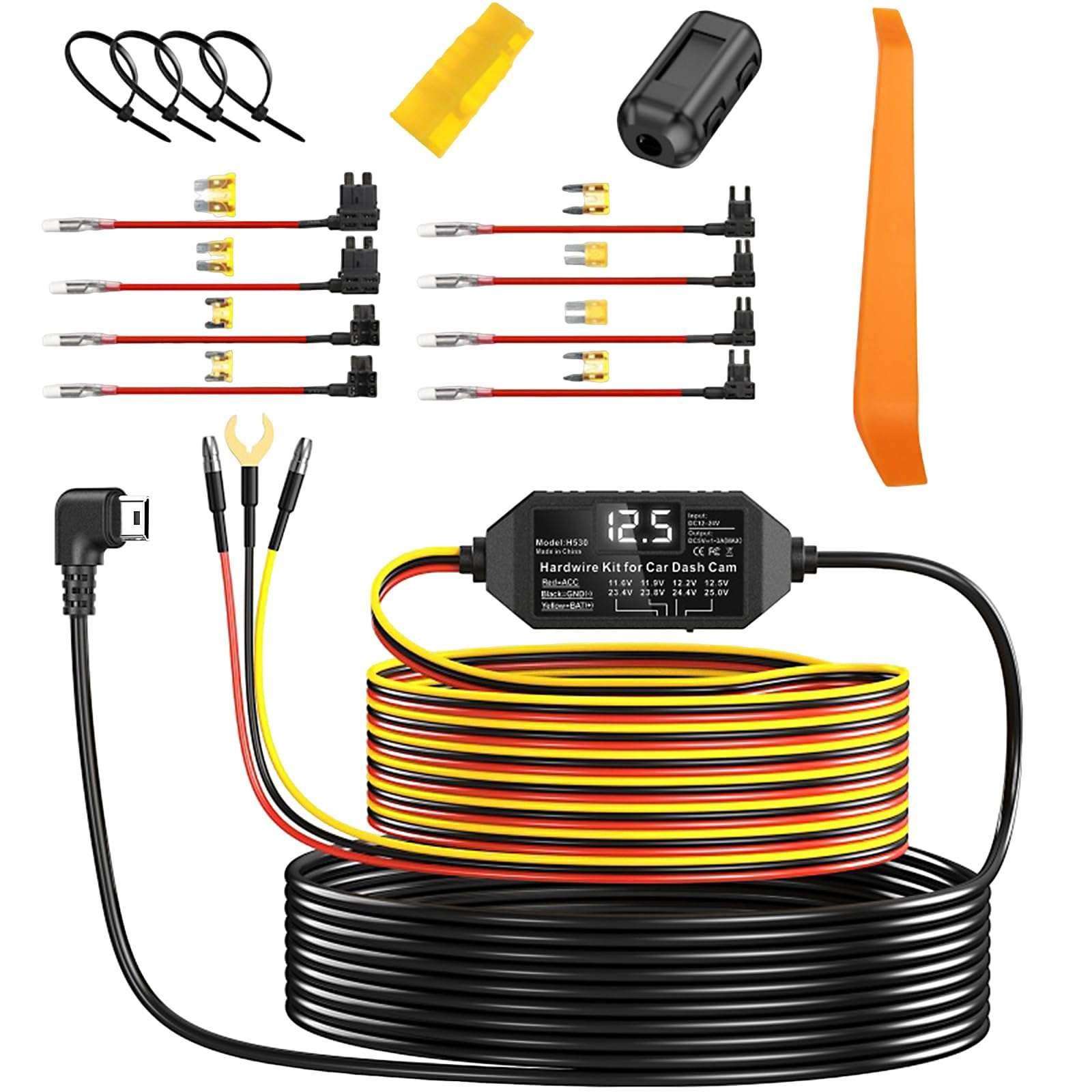 AUCARAUTO Universal Mini USB Dash Cam Acc Hardwire Kit with LED Voltmeter and Adjustable Low Voltage Protection, 11.5ft Multi-Size Hardwire Kit for Dash Camera 24H Parking Monitoring 1