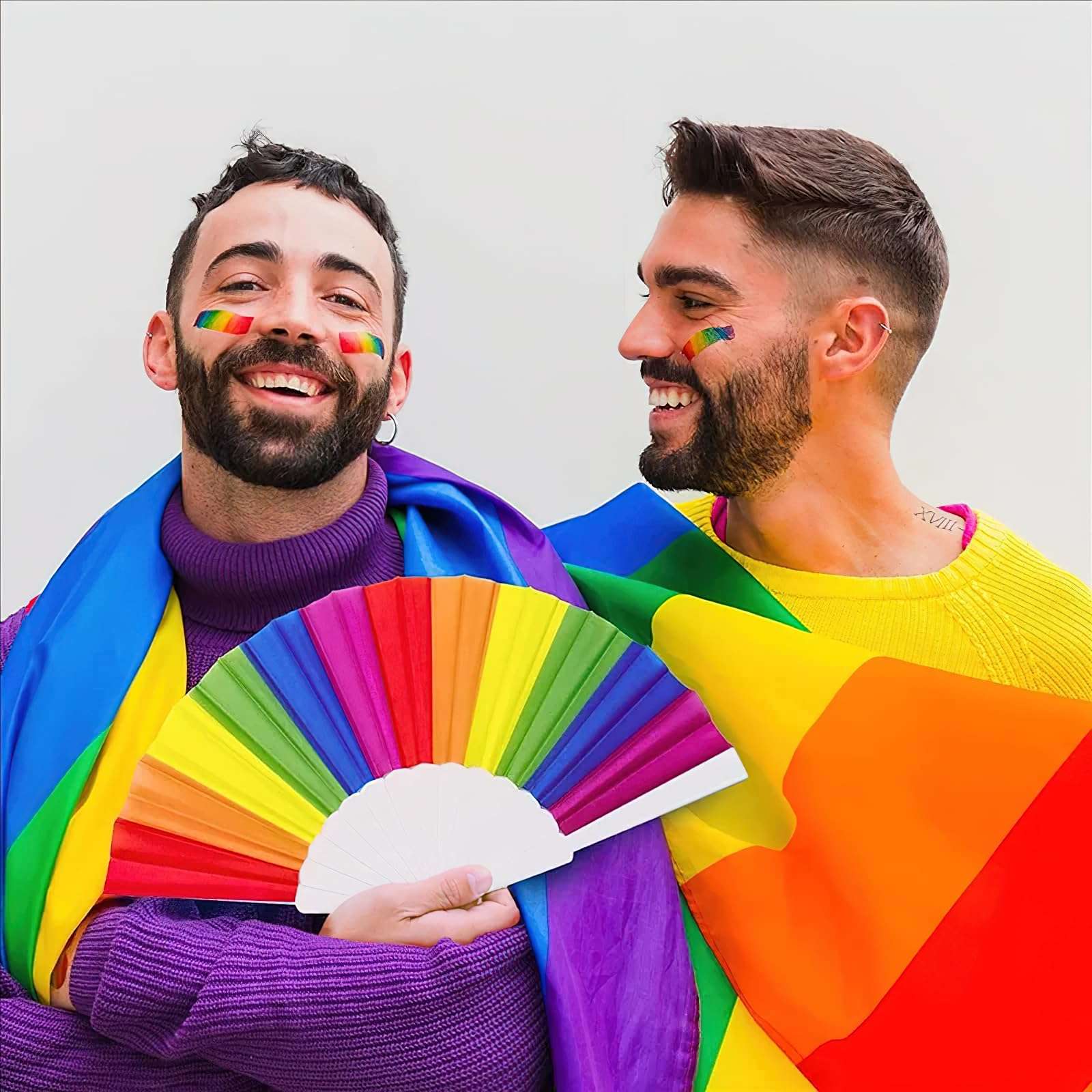 AUOCATTAIL 2PCS Rainbow Hand Fan Rave Fan Handheld Pride Fan Festival Fan Clack LGBT Month Fans Folding Fans for Women Men 2