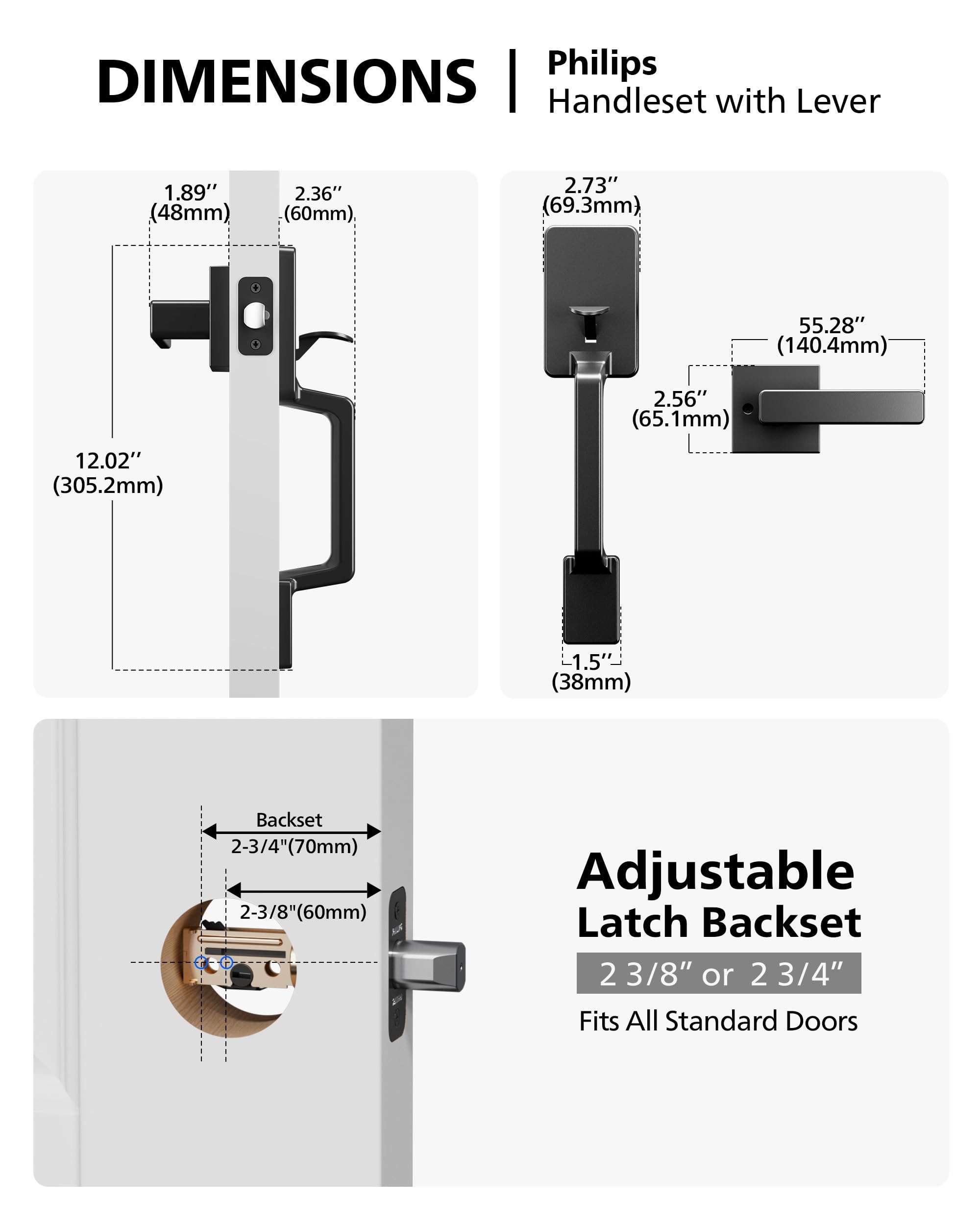PHILIPS Front Door Handle No Lock, Entry Handleset Exterior with Interior Handed Lever, Modern Front Door Handle,Deadbolt Not Included, Matte Black 4