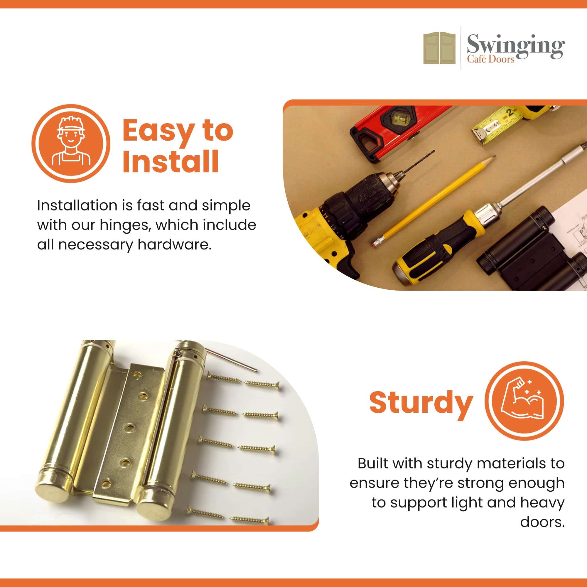 Swinging Cafe Doors Double Action Hinges with Self-Hold Feature for Saloon, In & Out Doorway Swing, Self Closing - (Brass) 2